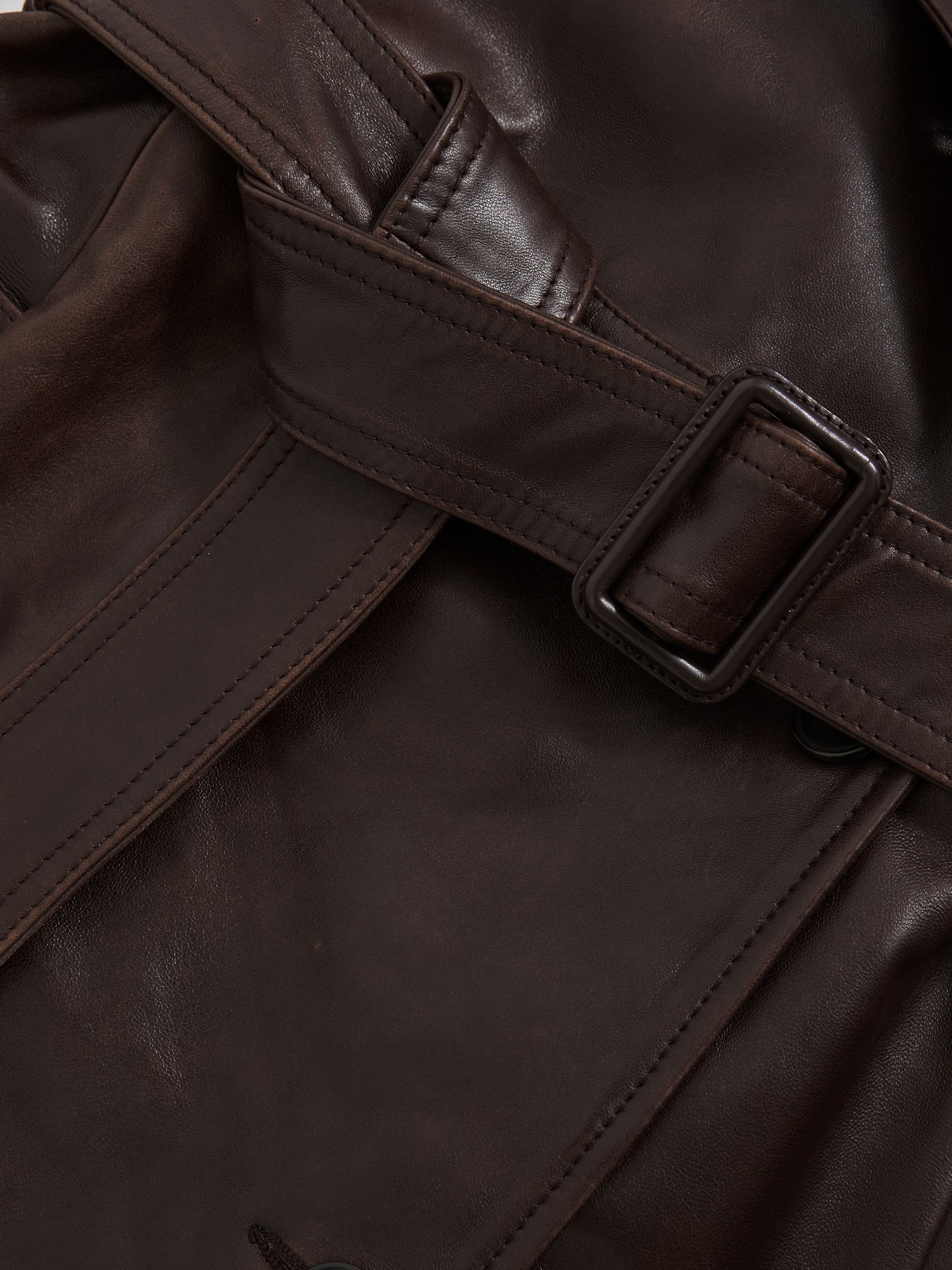 Petite Leather Double-Breasted Trench Coat in Chocolate