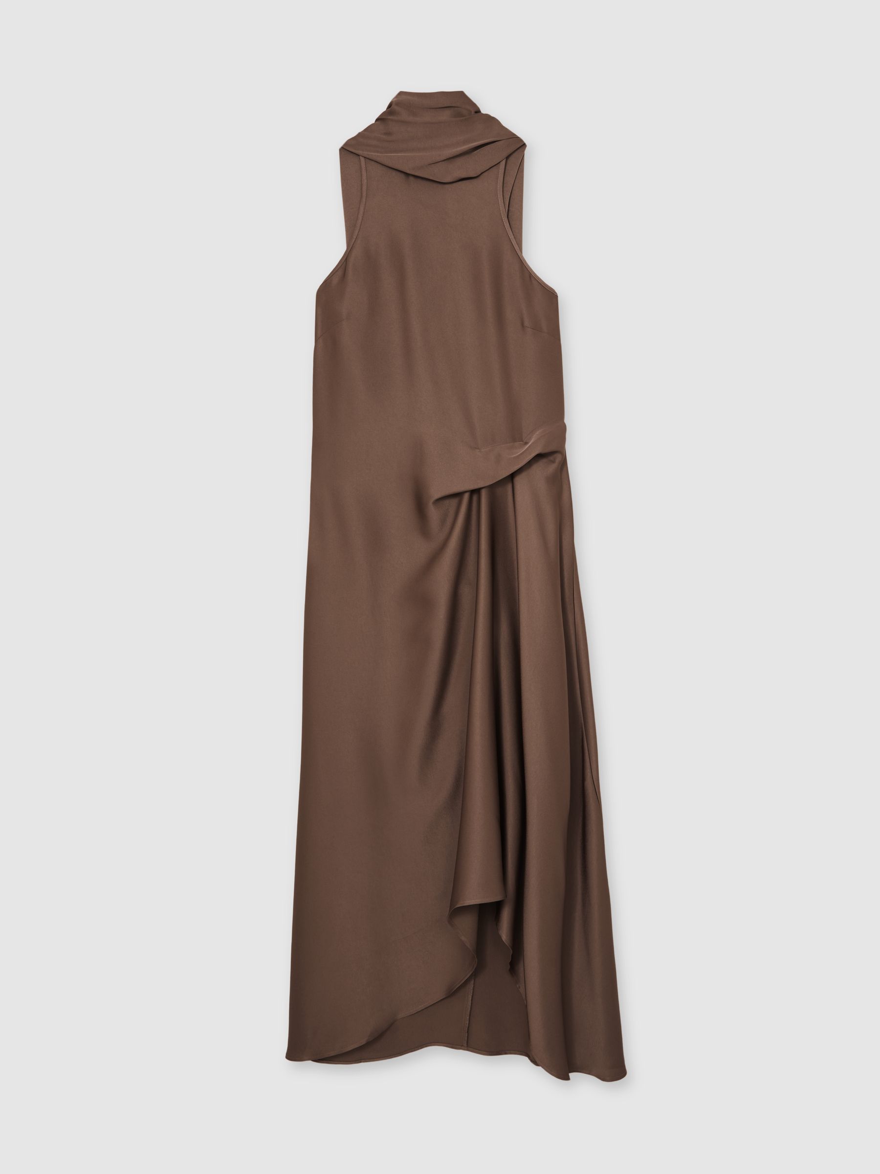 Satin Tuck-Detail Cape Midi Dress in Taupe Brown