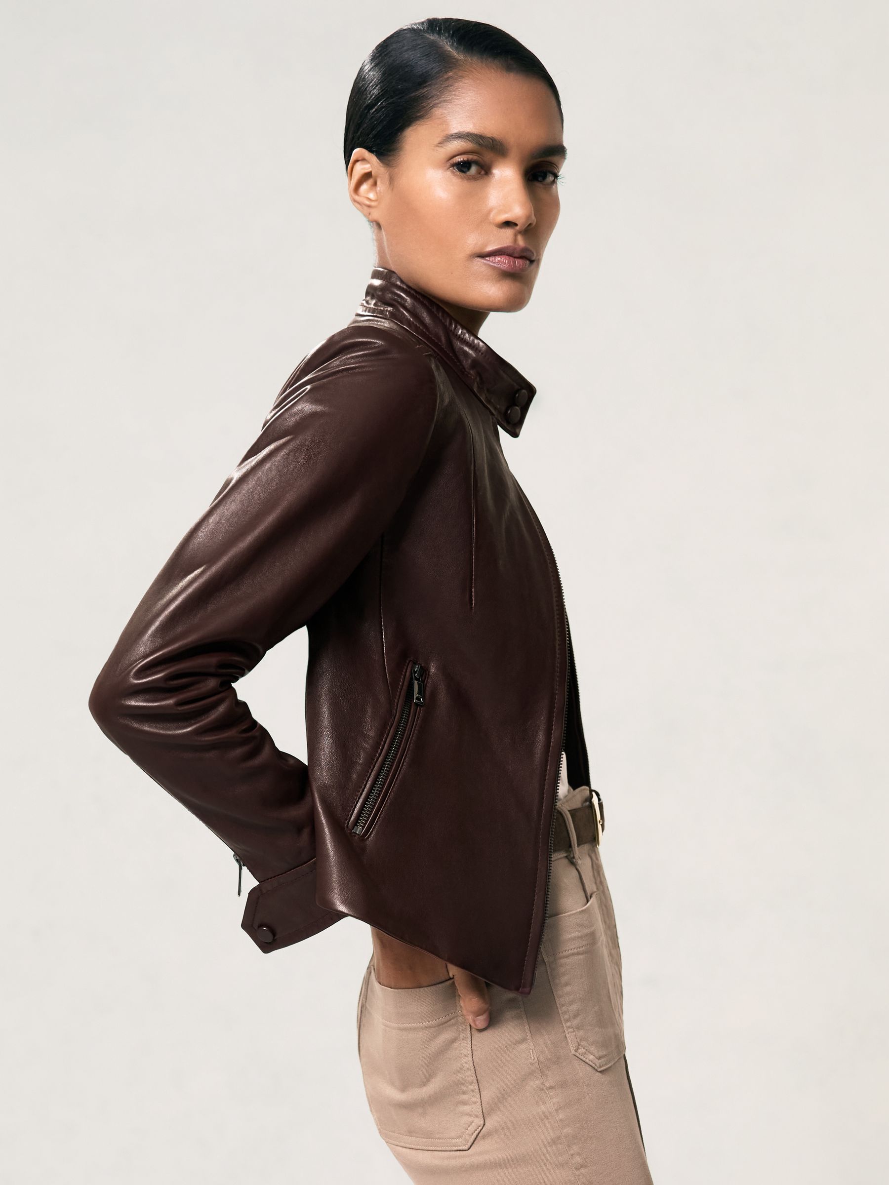 Fitted Leather Biker Jacket in Burgundy