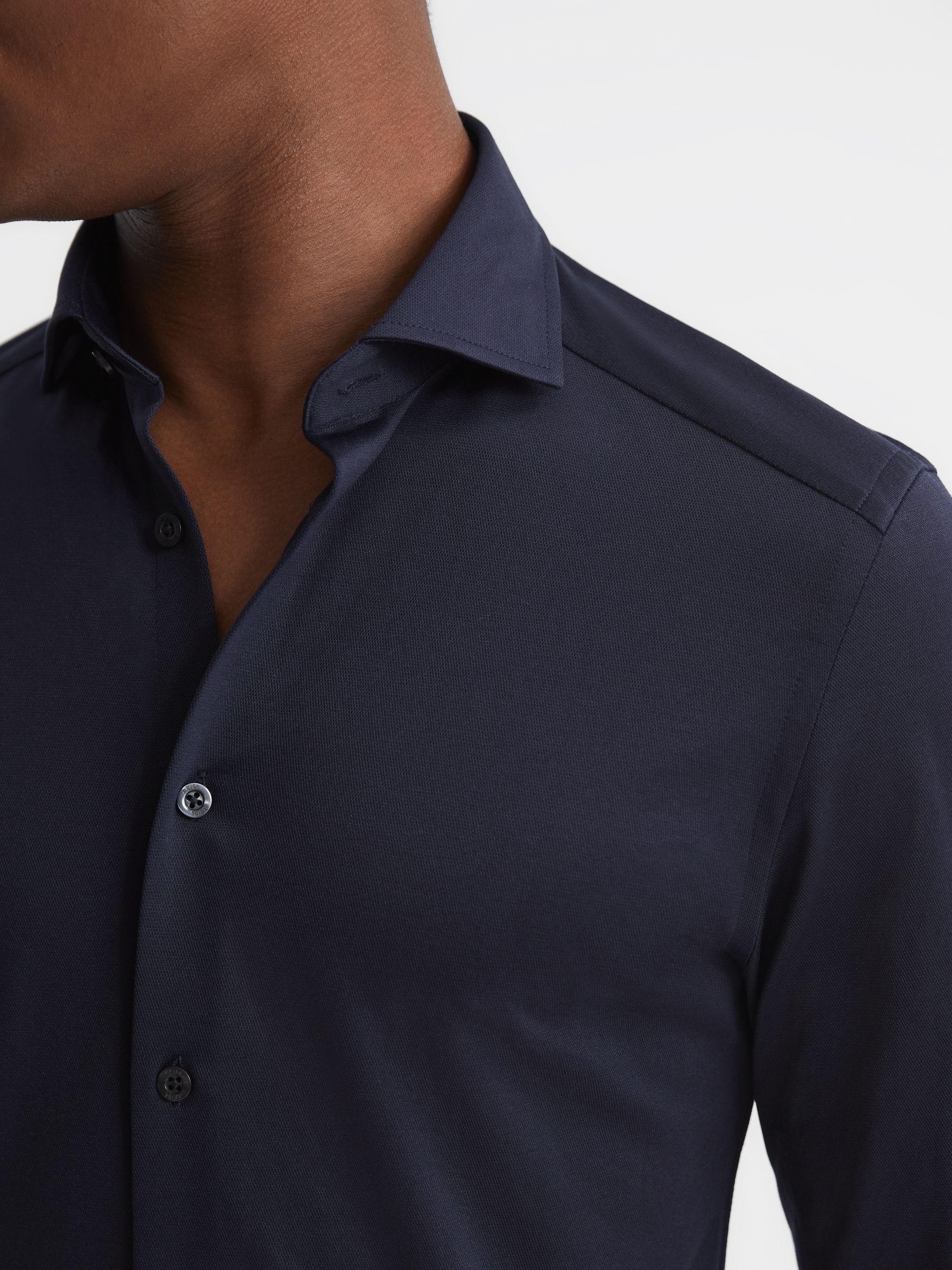 Cotton-Blend Jersey Cutaway-Collar Shirt in Navy