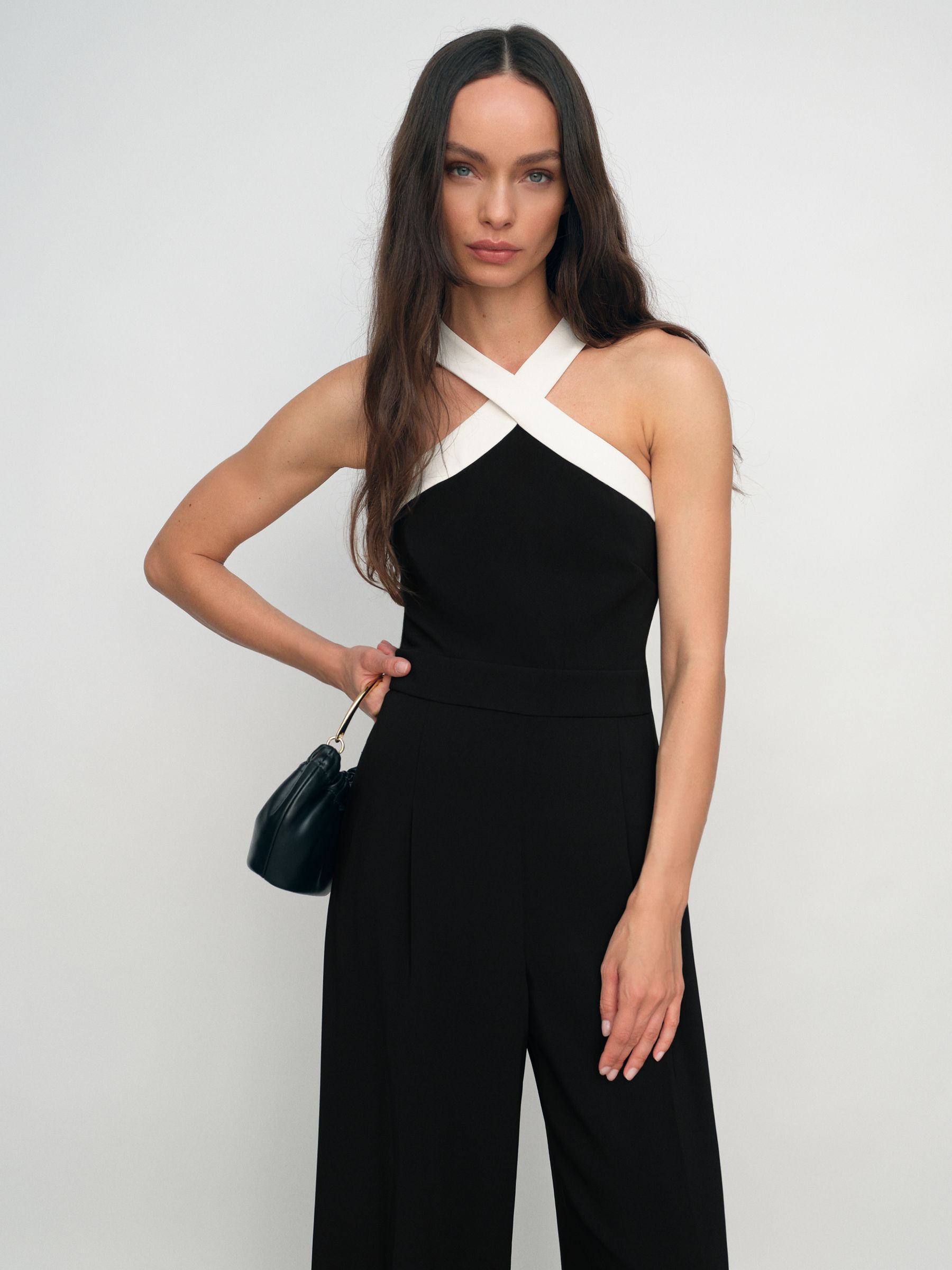Colour-Block Halter Wide-Leg Jumpsuit in Black/Cream