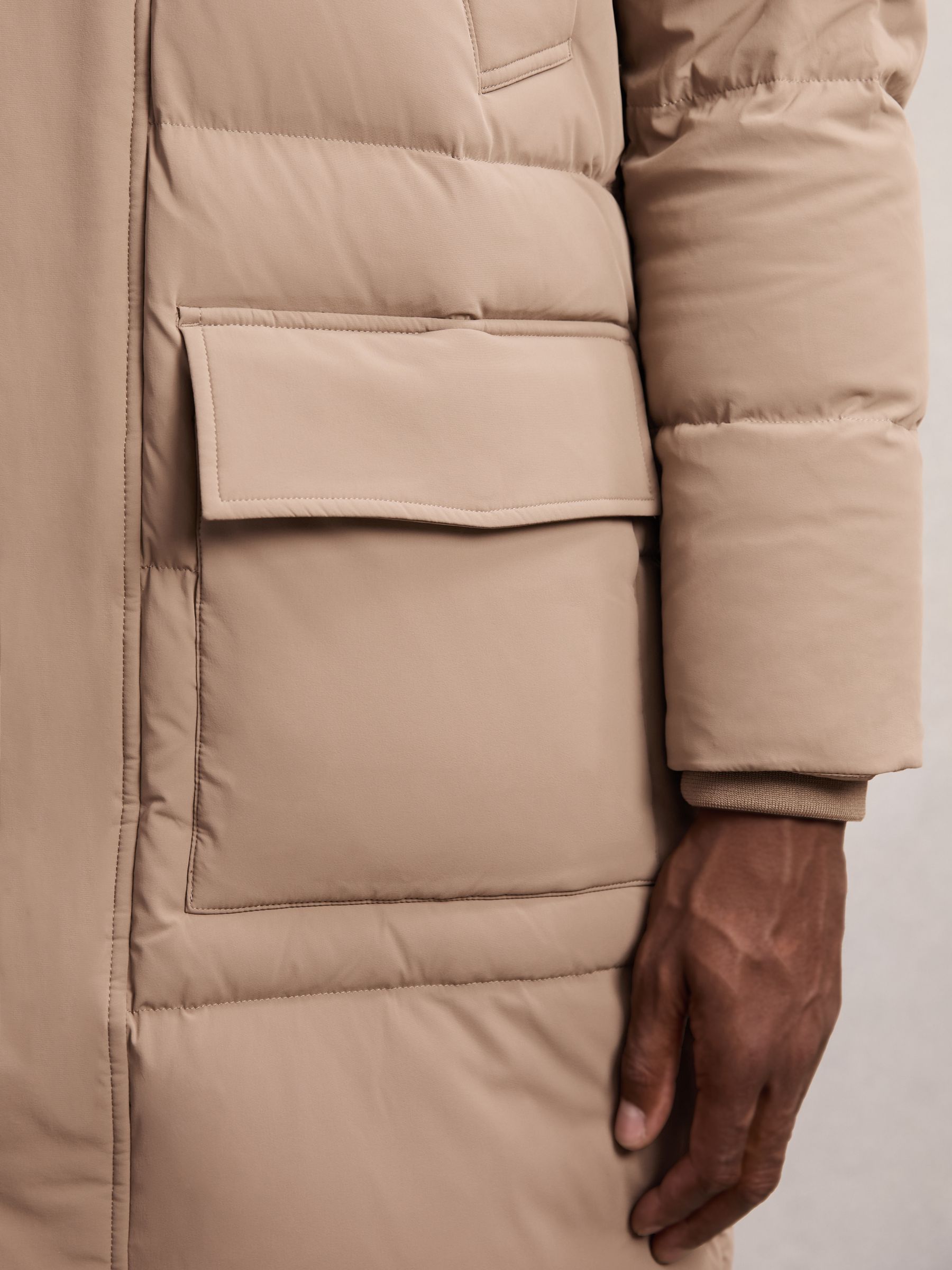 Longline Quilted Puffer Jacket in Light Camel Brown