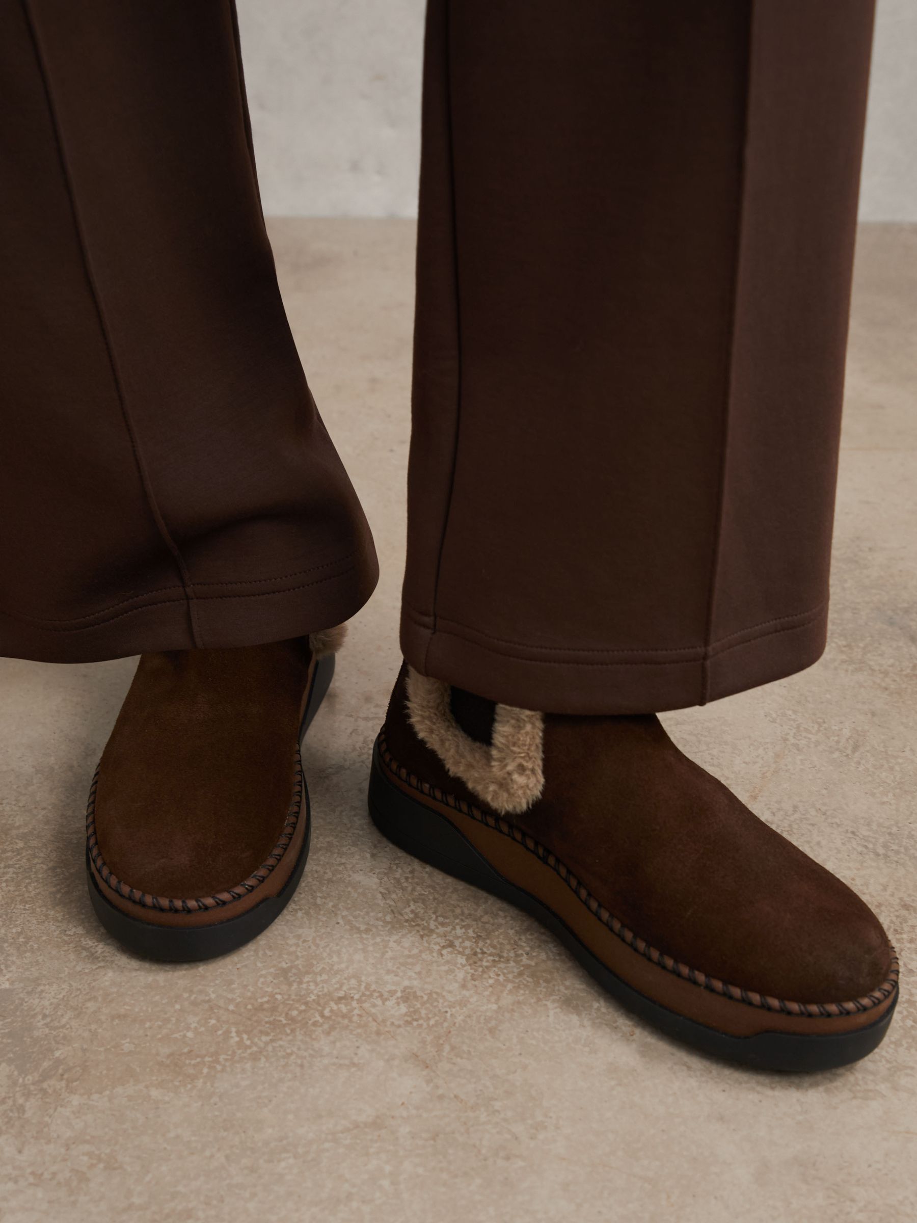 Suede Faux Fur-Trim Ankle Boots in Chocolate