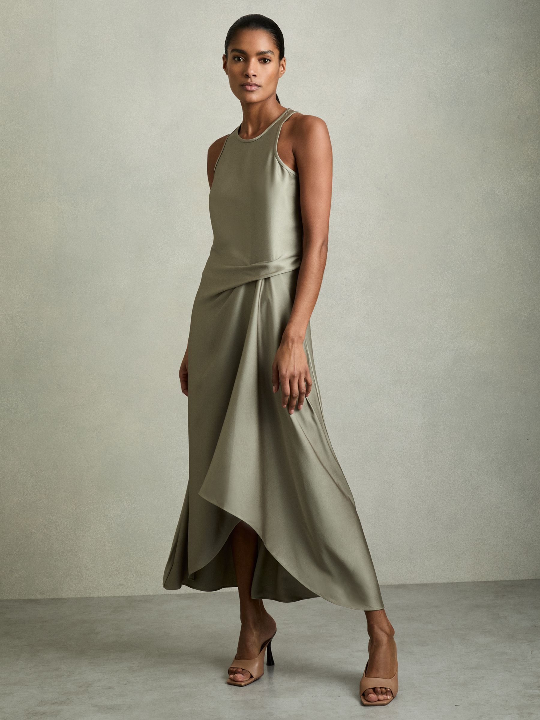 Satin Drape Tuck Midi Dress in Khaki