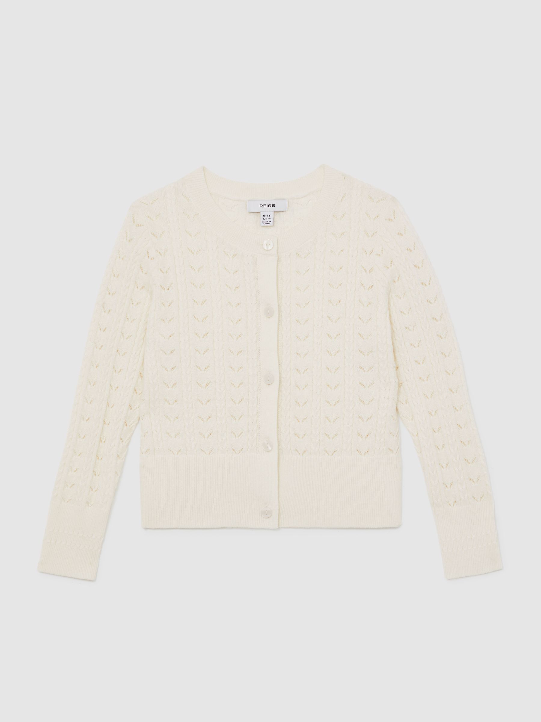 13-14 yrs Wool-Cotton Pointelle Cardigan in Ivory