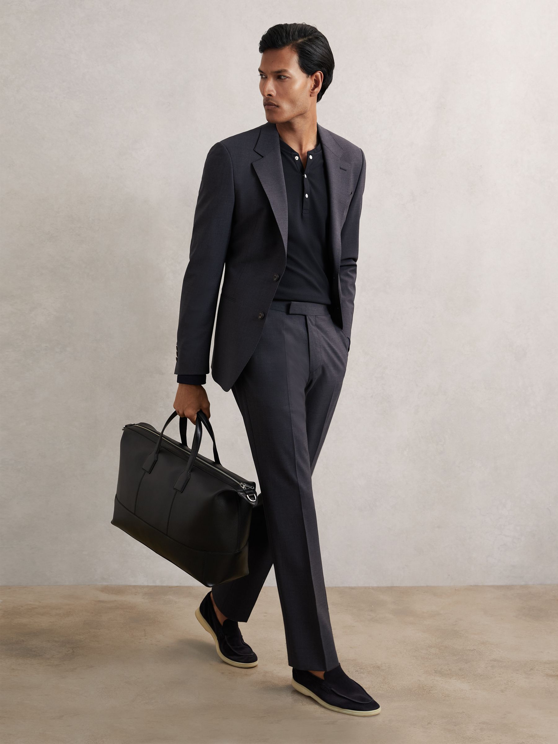 Textured Grandad-Collar Henley Shirt in Navy