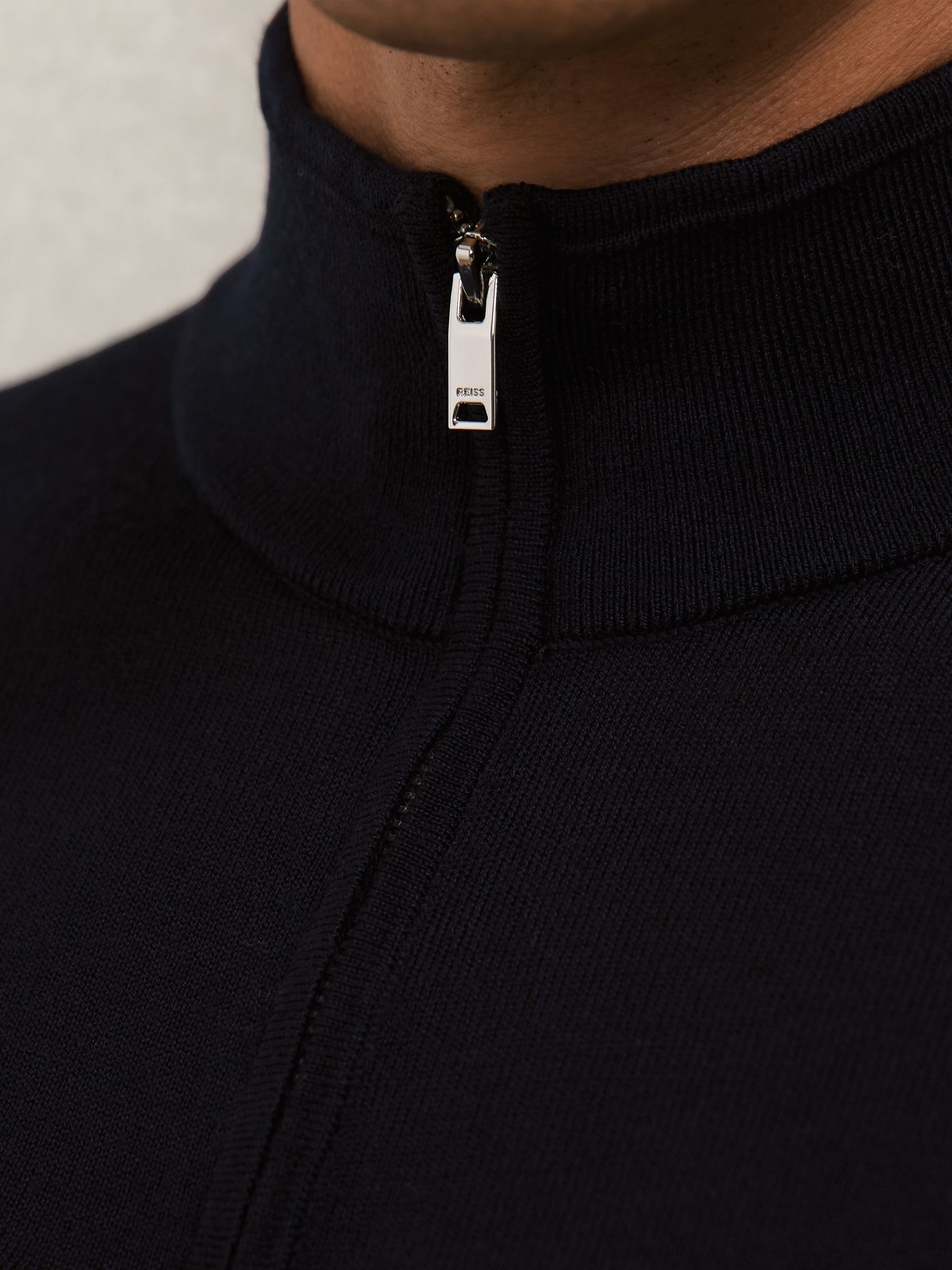 Merino Wool Half-Zip Funnel Neck Jumper in Navy