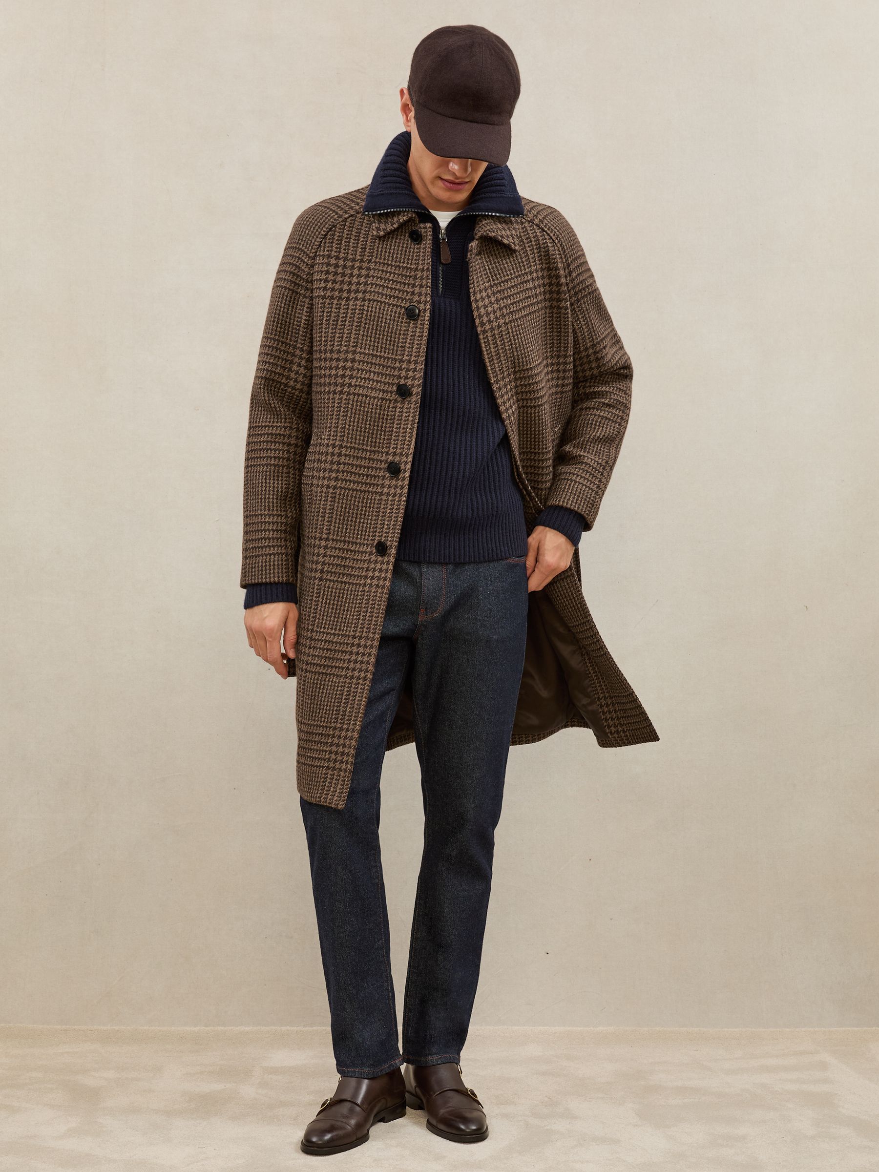 Atelier Wool Check Raglan Overcoat in Brown Check