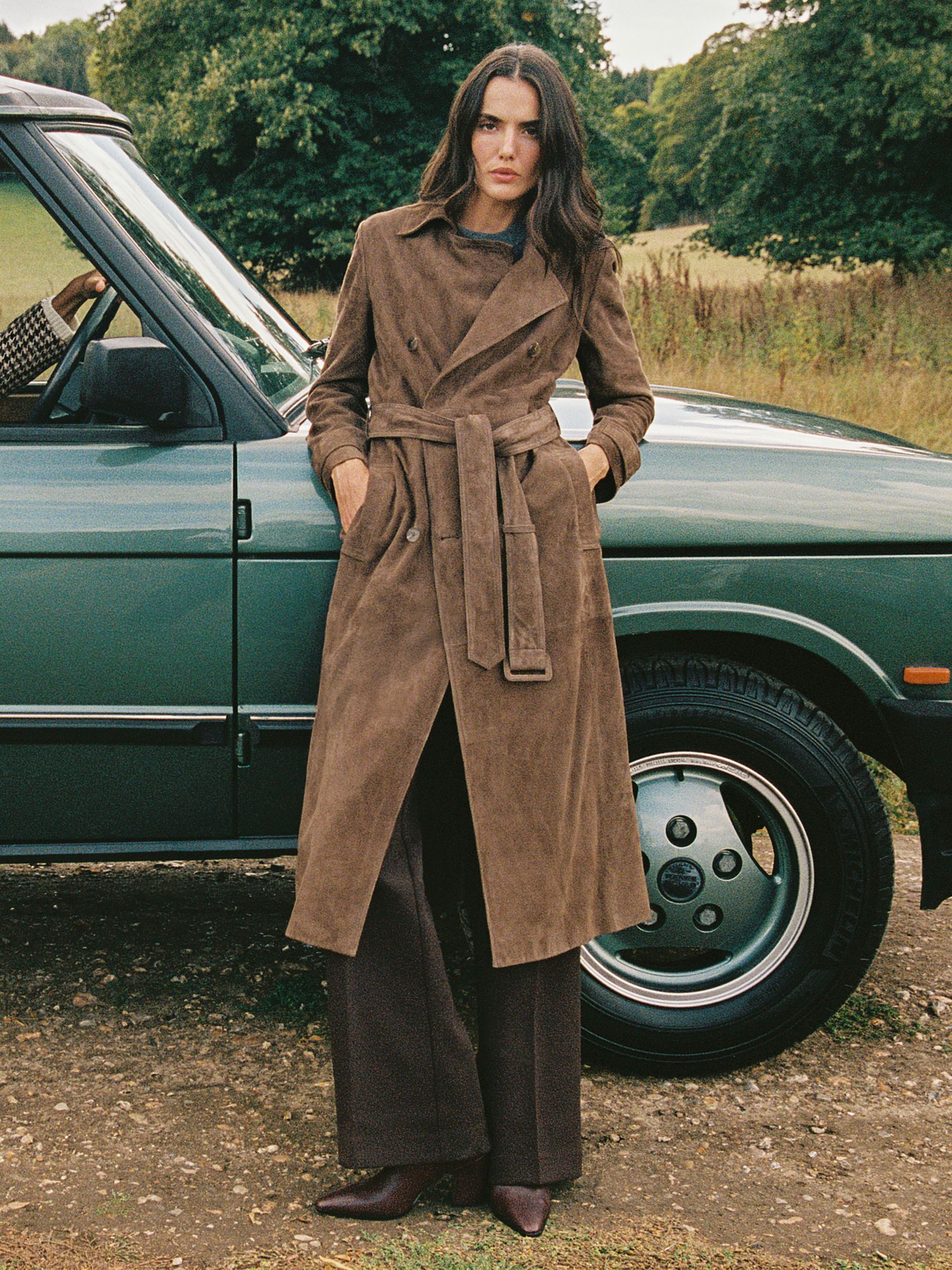 Suede Belted Trench Coat in Taupe Neutral