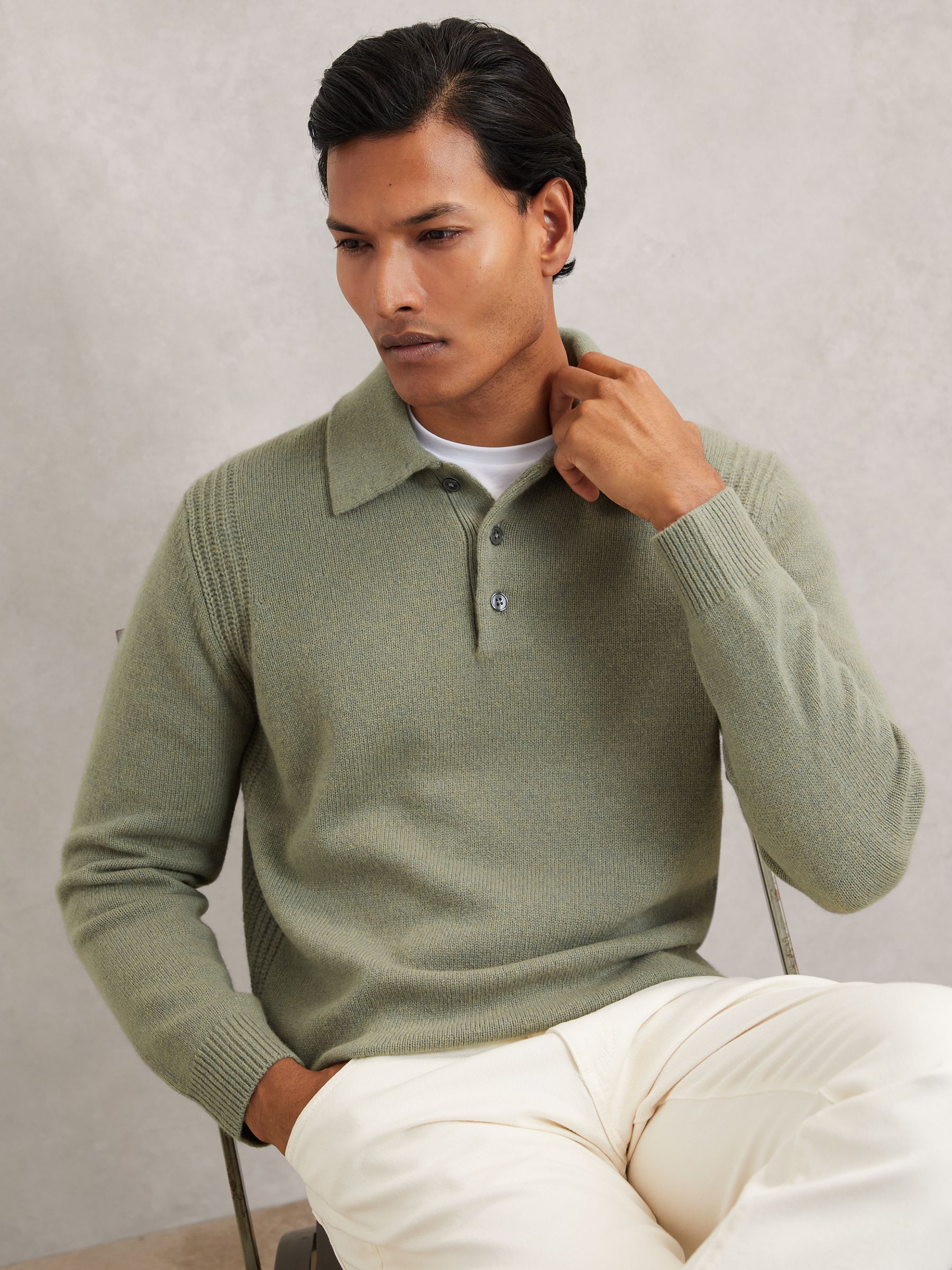 Wool-Blend Polo Jumper with Cashmere in Sage Green