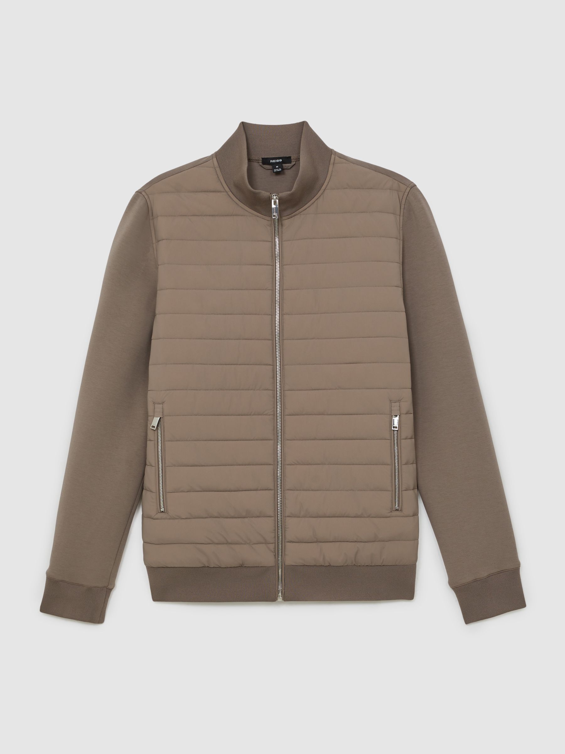 Hybrid Quilt and Knit Zip-Through Jacket in Taupe Brown