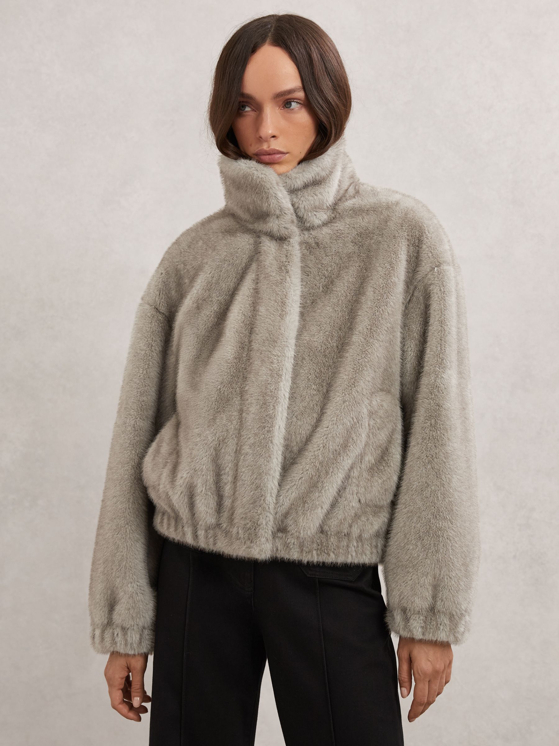 Faux-Fur Zip-Through Jacket in Grey