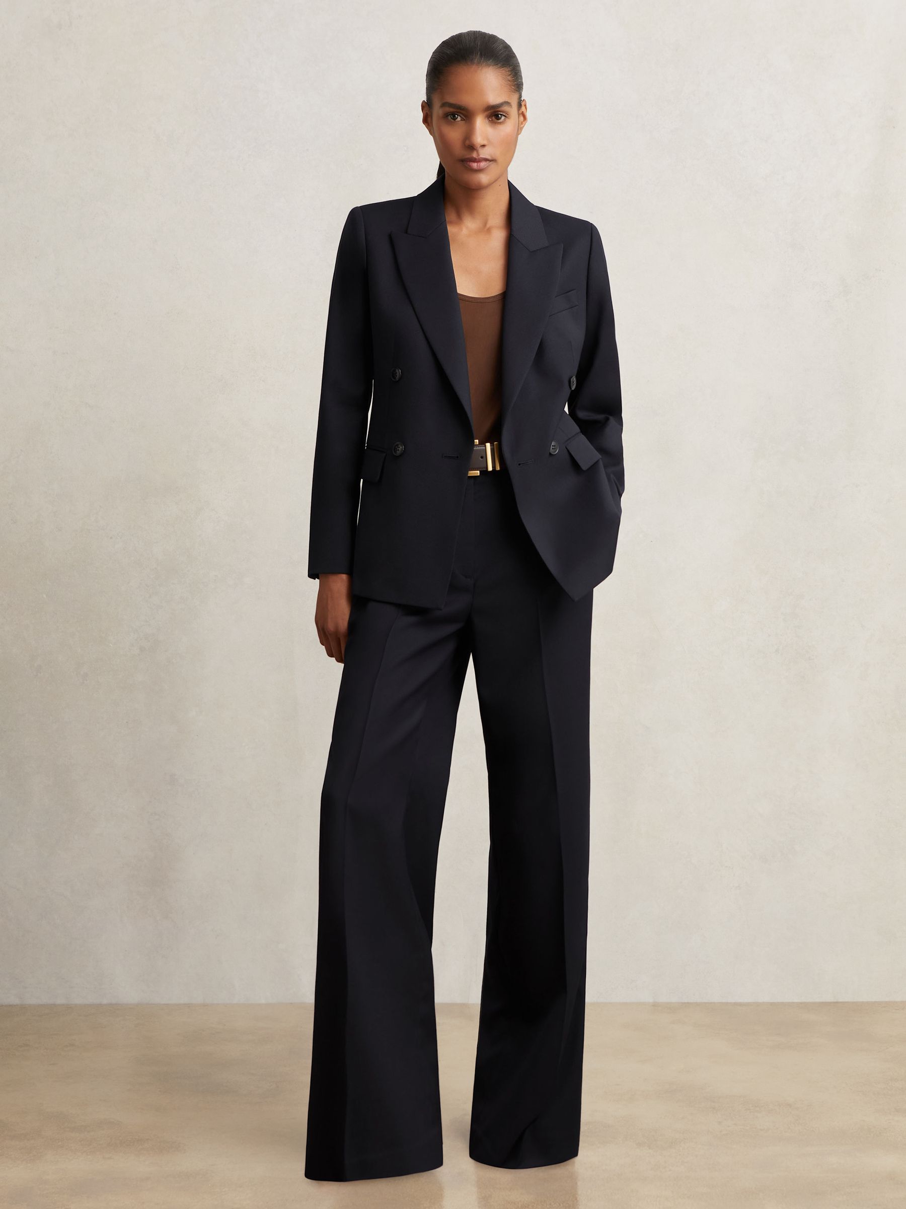 Petite Wool Blend Double Breasted Suit Blazer in Navy