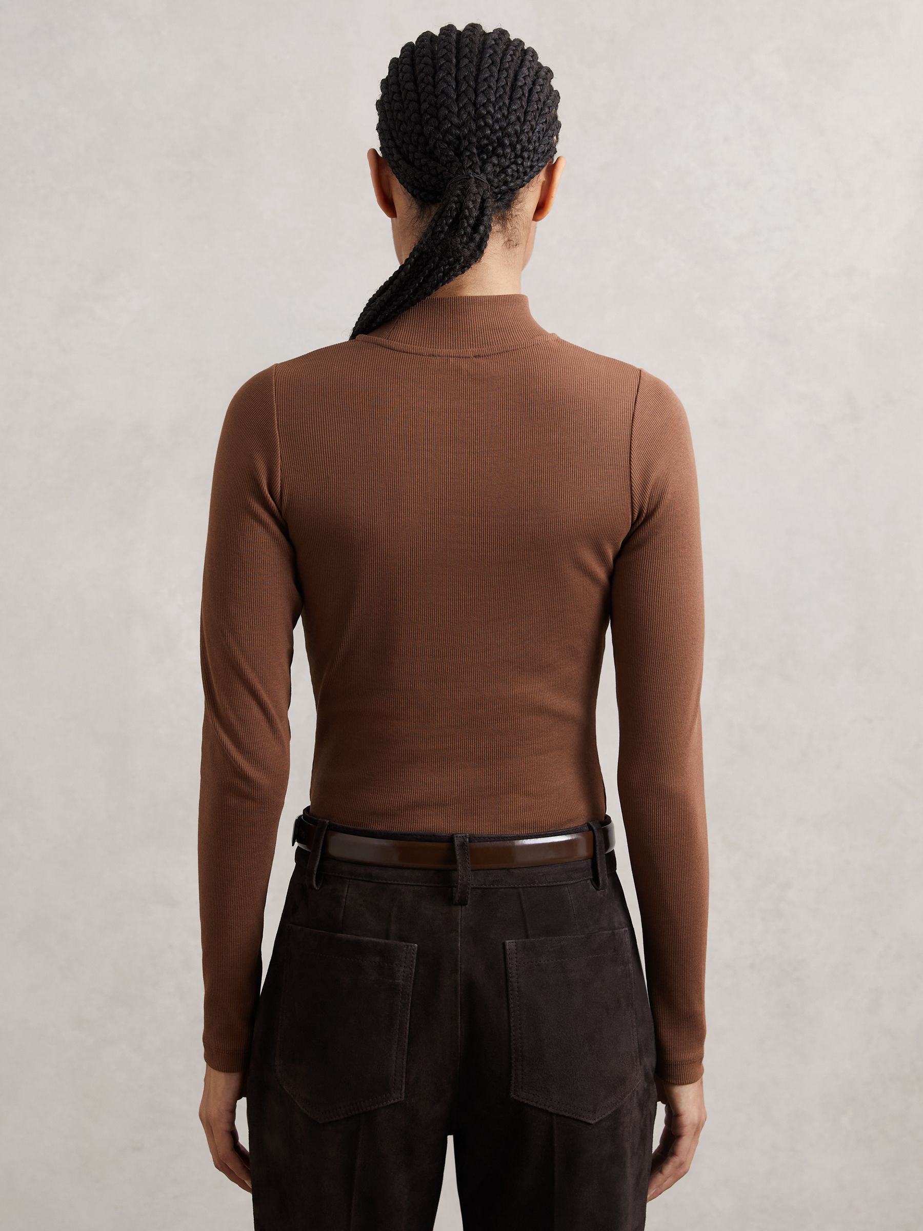 Stretch-Cotton Funnel-Neck Top in Brown
