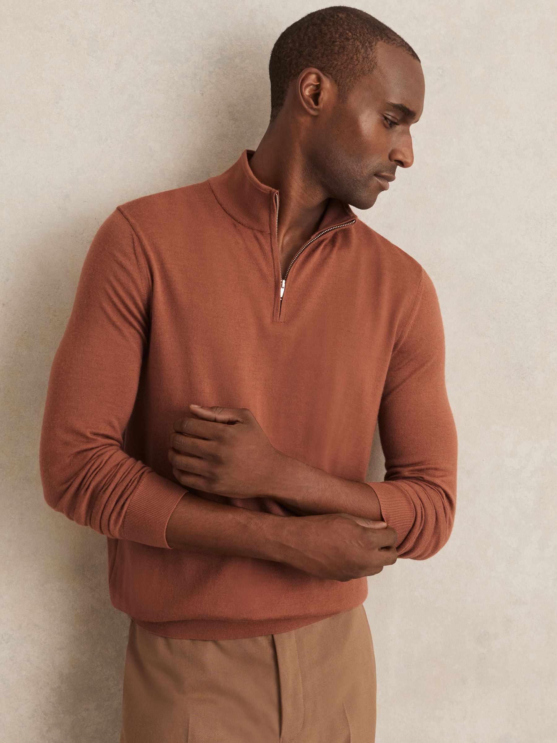 Merino Wool Half-Zip Funnel Neck Jumper in Beige
