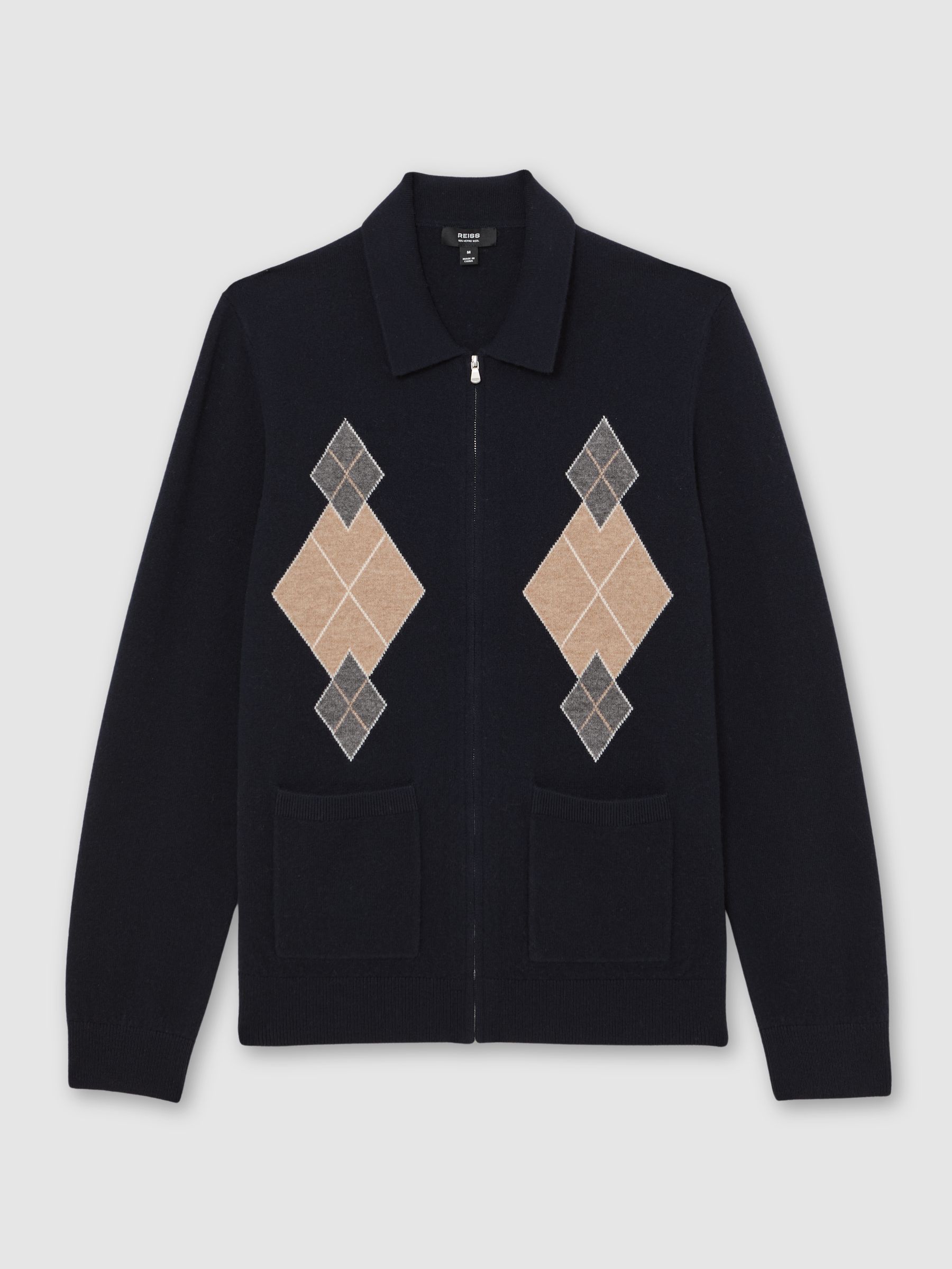 Wool Zip-Through Argyle Cardigan in Navy