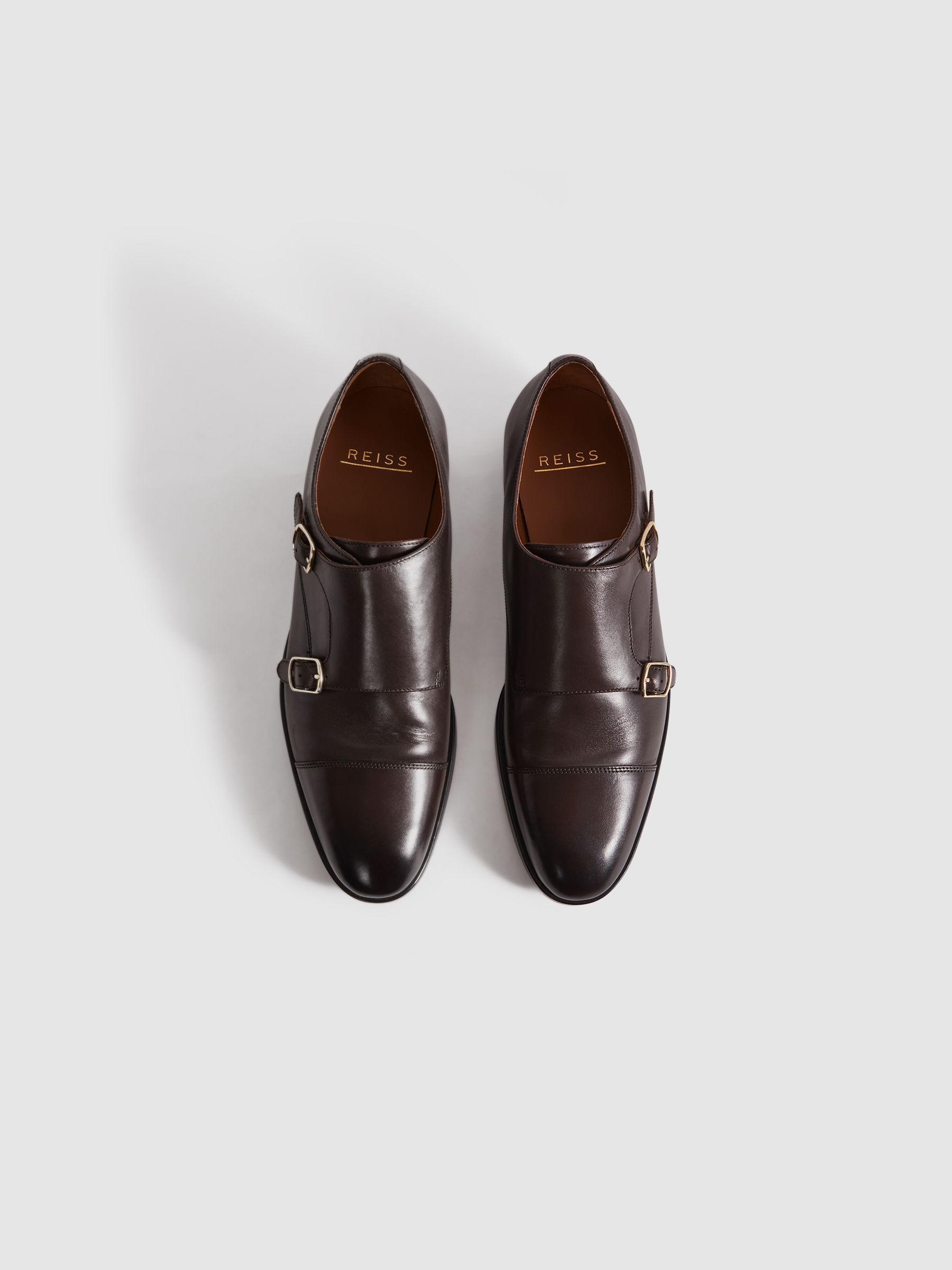 Leather Double Monk Strap Shoes in Dark Brown