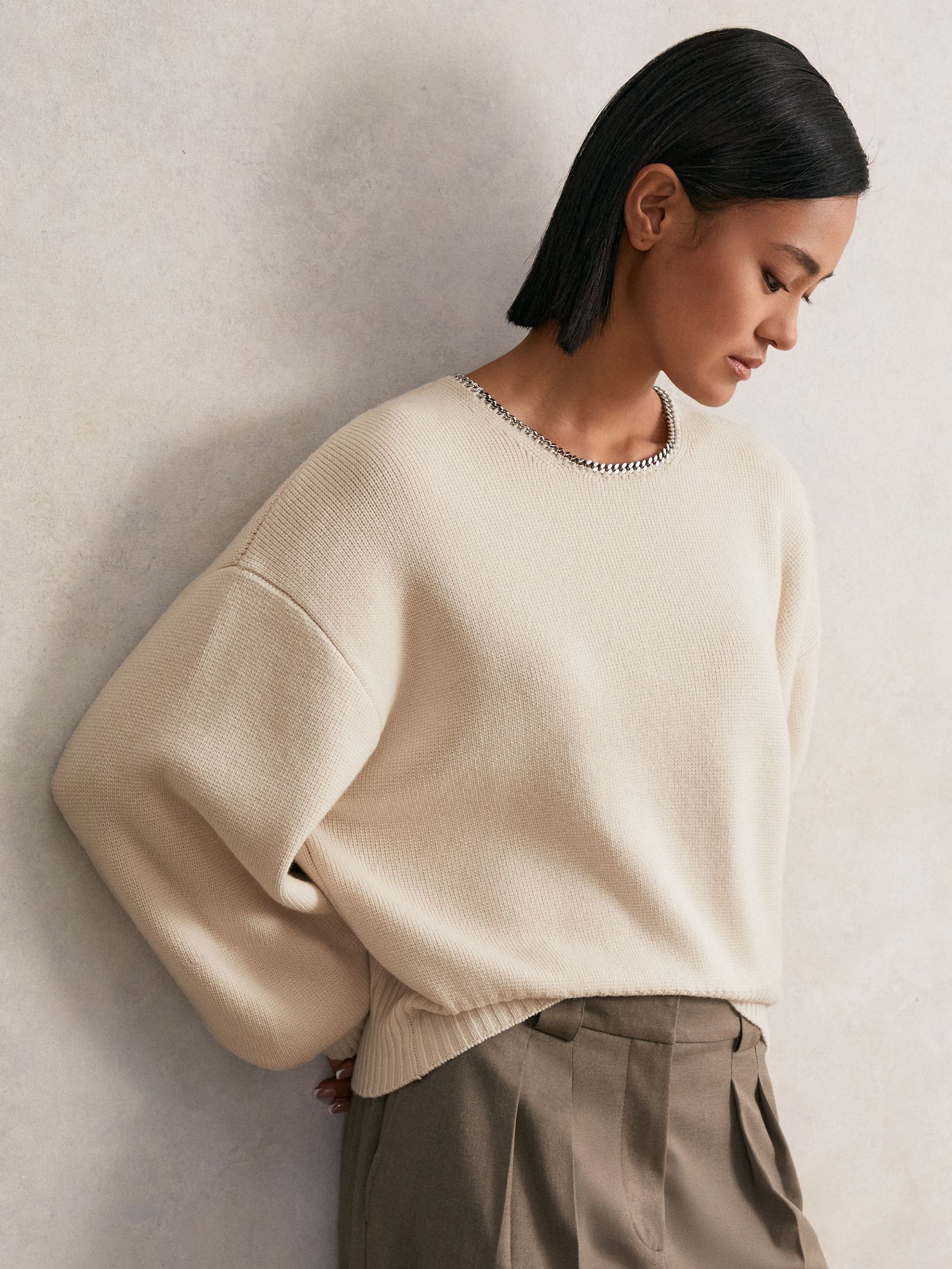 Wool-Blend Necklace-Trim Jumper with Cashmere in Cream