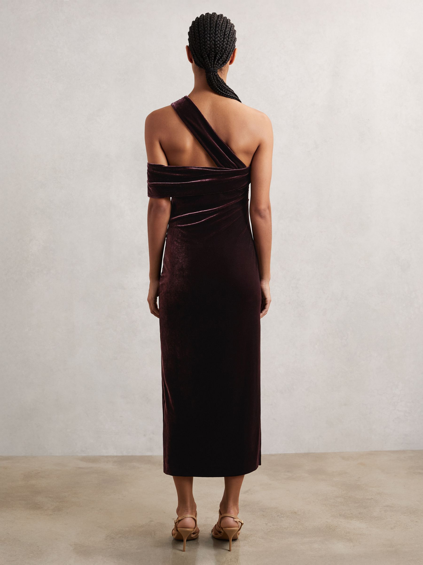 Velvet One-Shoulder Midi Dress in Burgundy