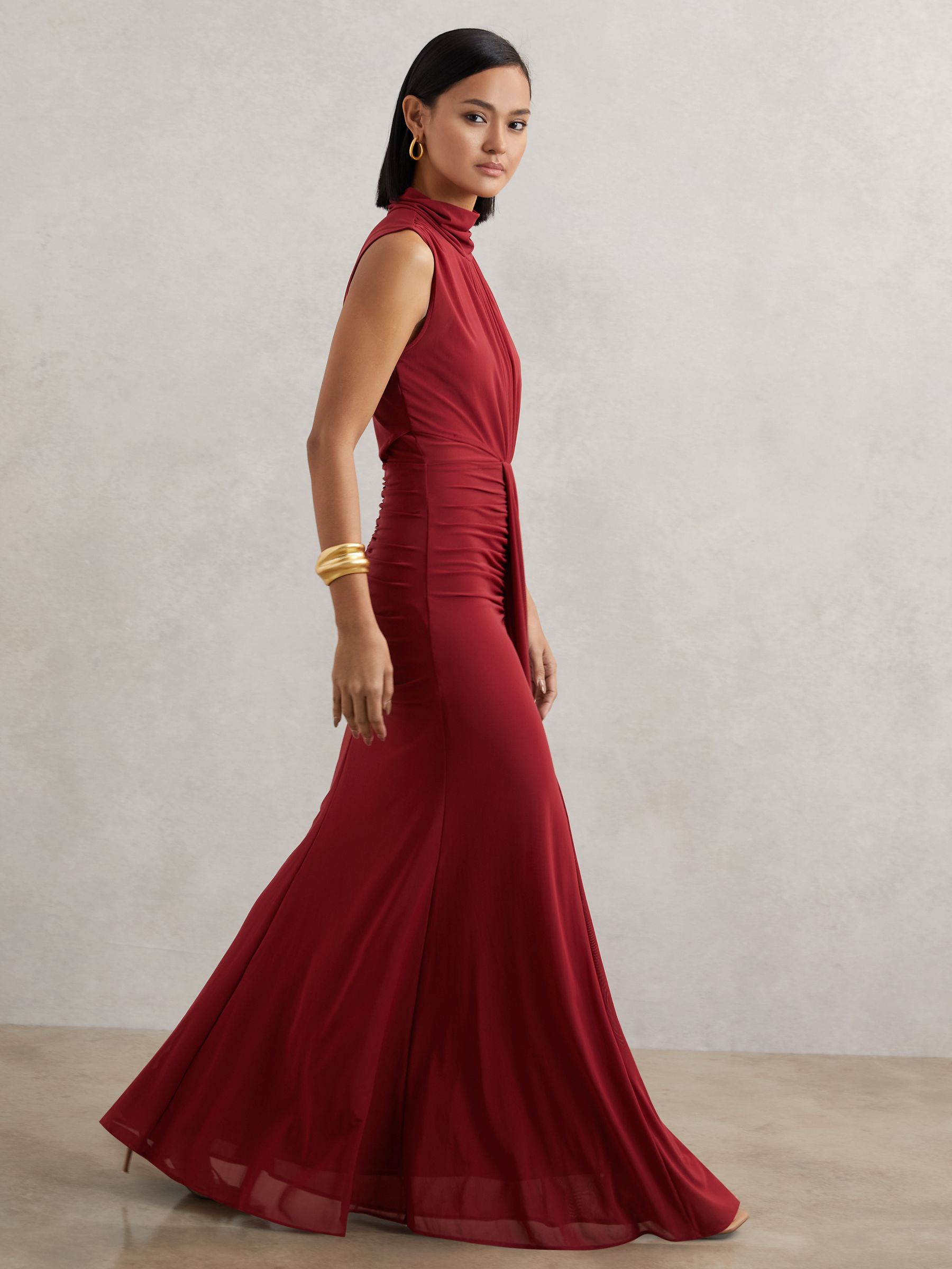 Ruched Sleeveless Maxi Dress in Dark Red