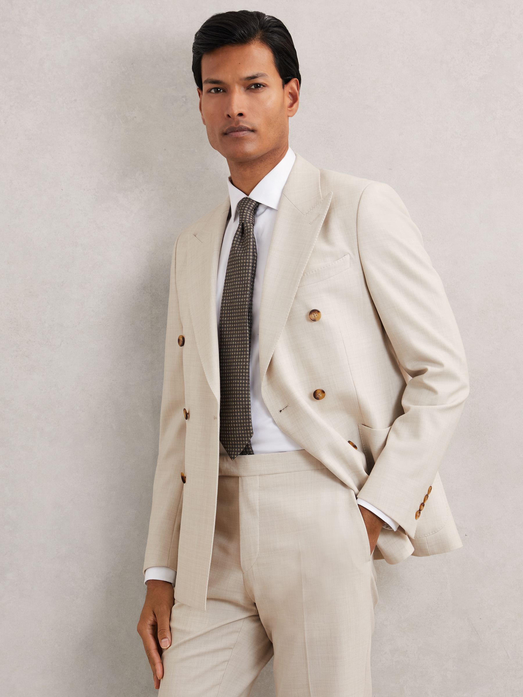 Double-Breasted Textured Suit Blazer Slim-Fit With Wool in Stone