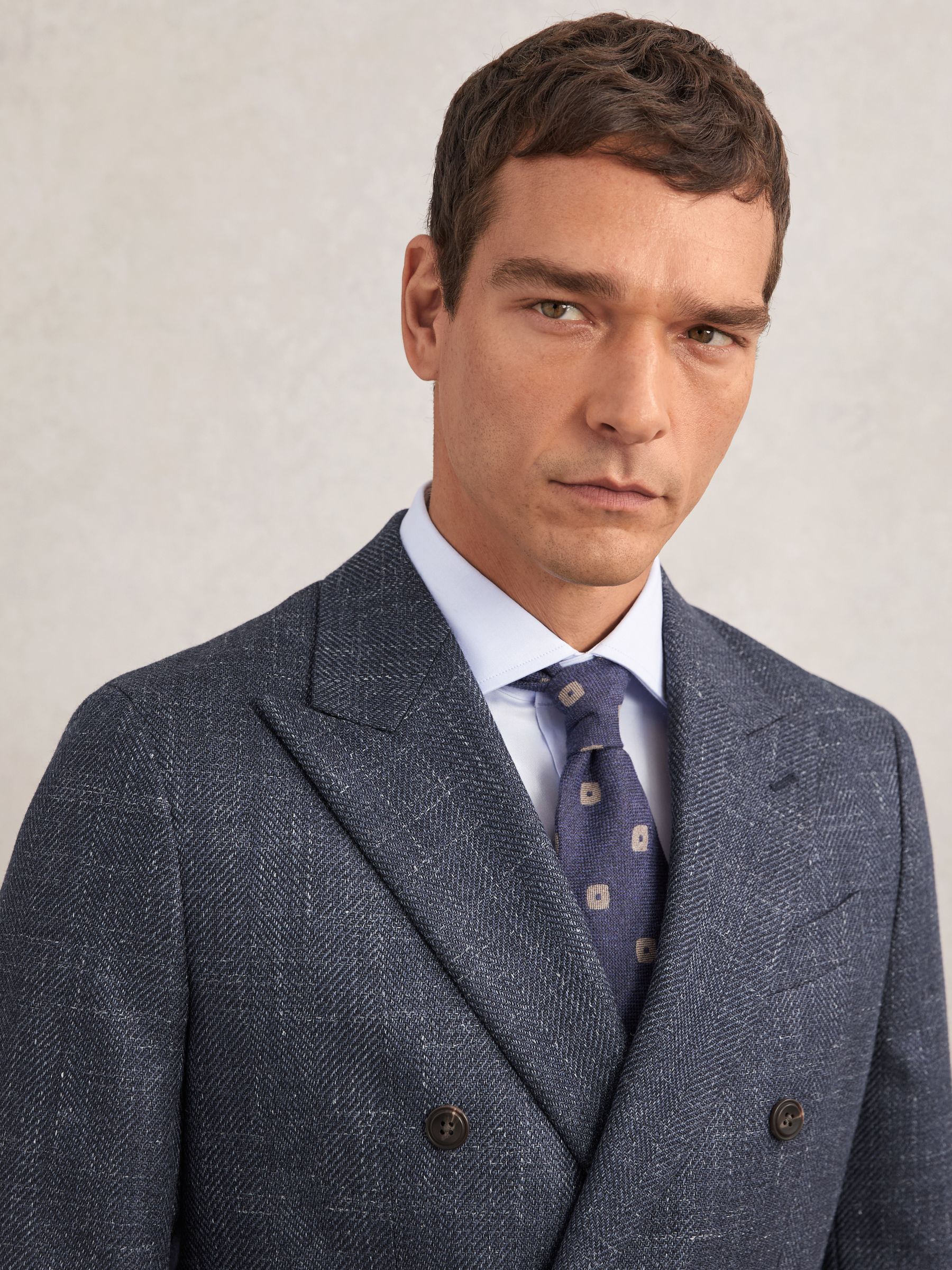 Double-Breasted Herringbone Blazer Slim-Fit Wool-Blend in Navy