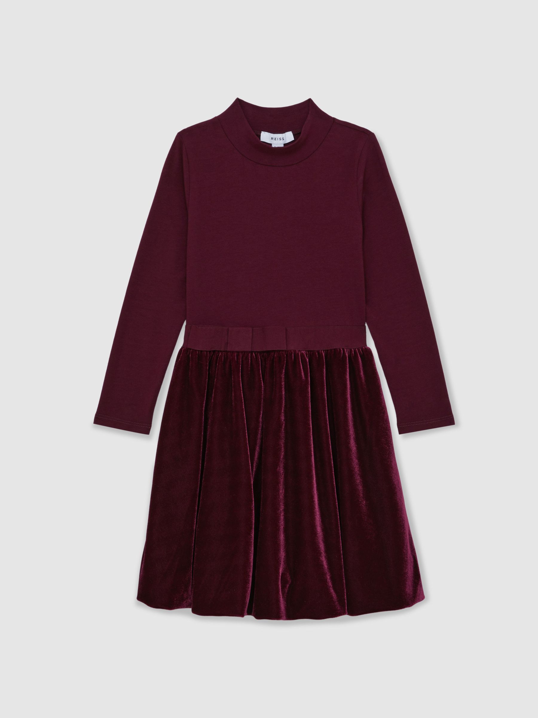 3-9 yrs Velvet-Skirt Jersey Skater Dress in Burgundy