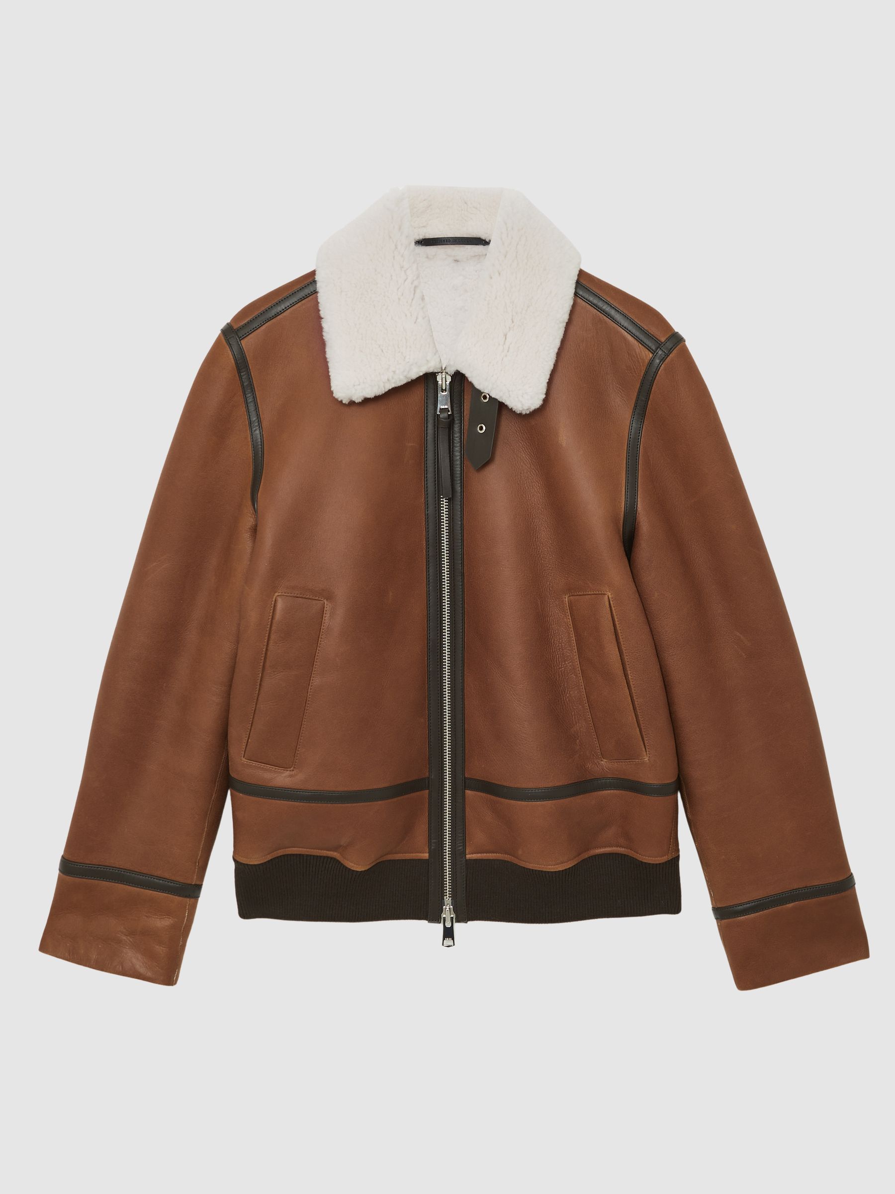 Leather Shearling-Collar Jacket in Cognac Brown
