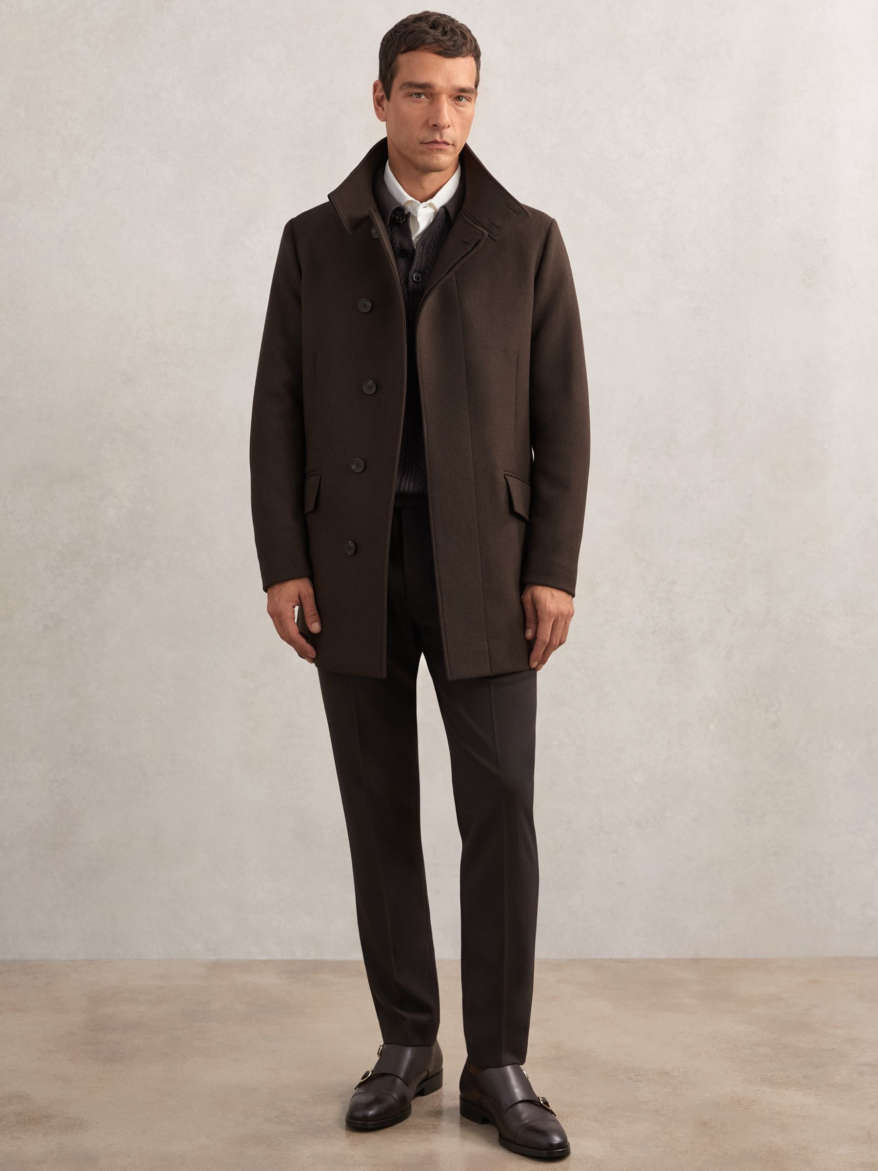 Wool-Blend Stand-Collar Coat in Brown