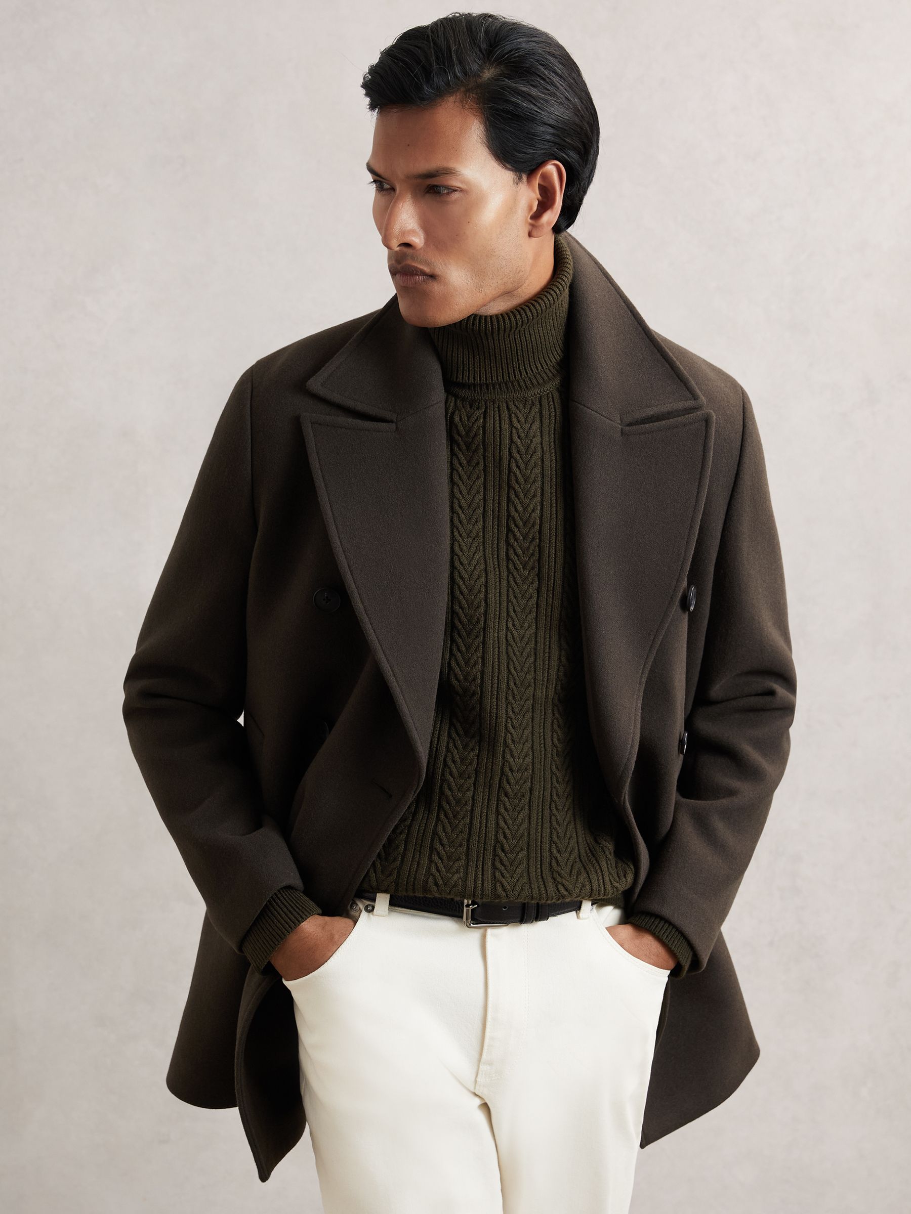 Cable-Knit Roll-Neck Jumper With Wool in Dark Olive Green