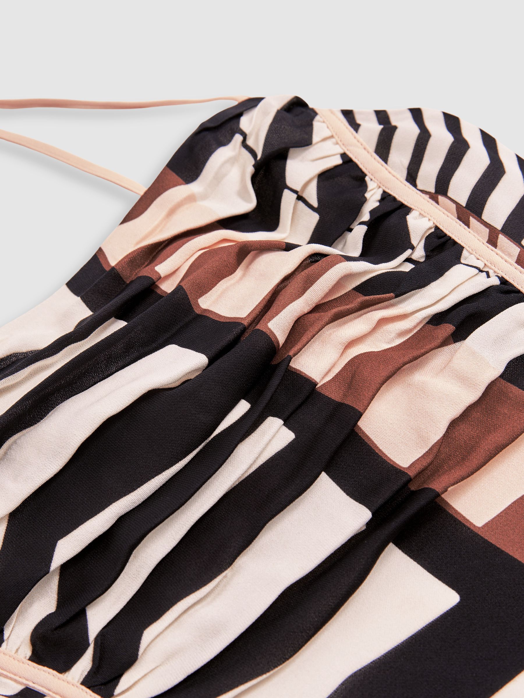 Chevron-Stripe Ruched Midi Dress in Black/Brown