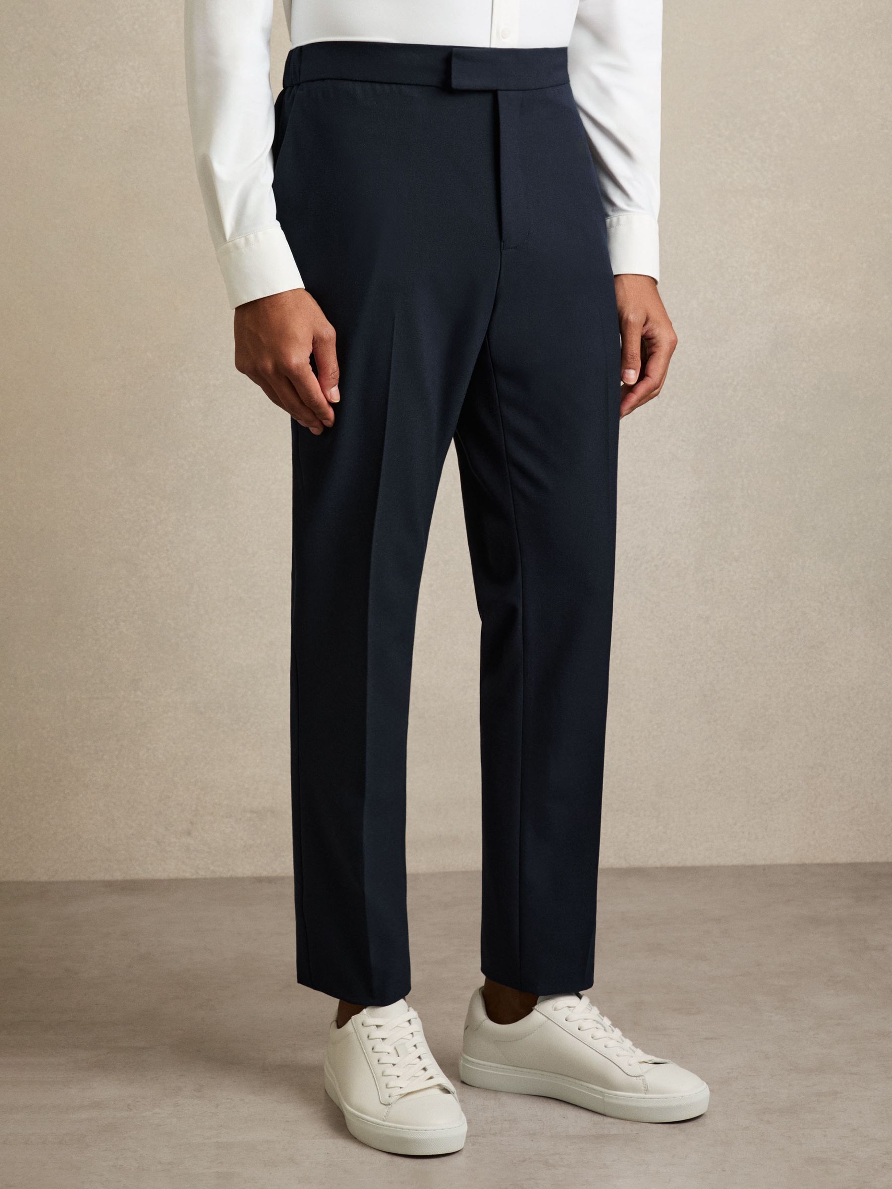 Stretch Slim Fit Drawstring Trousers in Navy