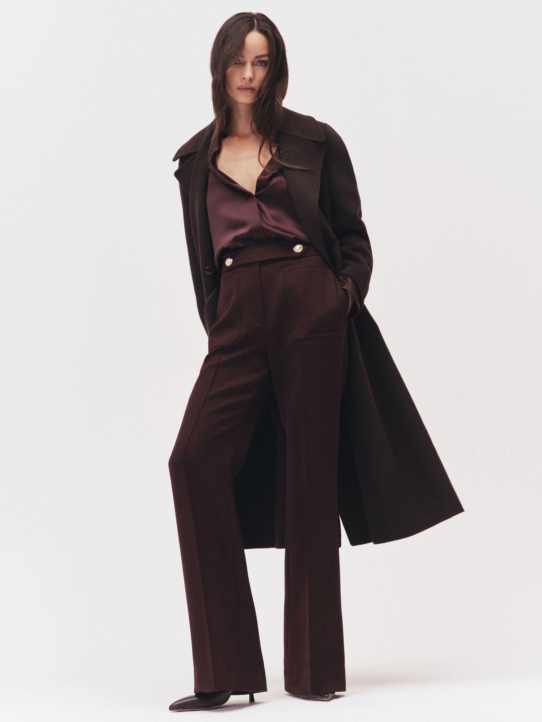 Twill Button-Tab Flared Trousers With Wool in Burgundy