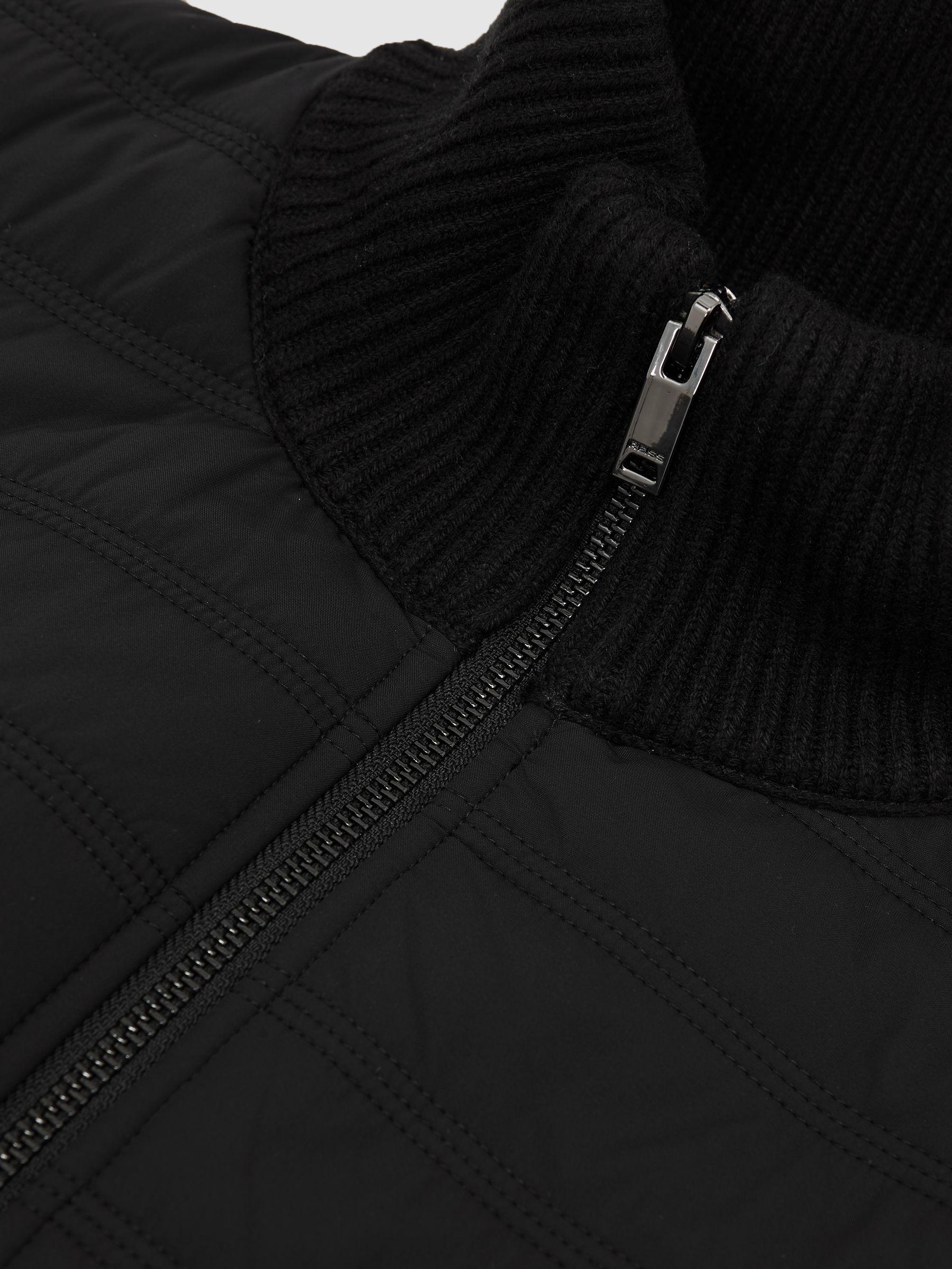 Quilted Rib-Knit Funnel-Neck Jacket in Black