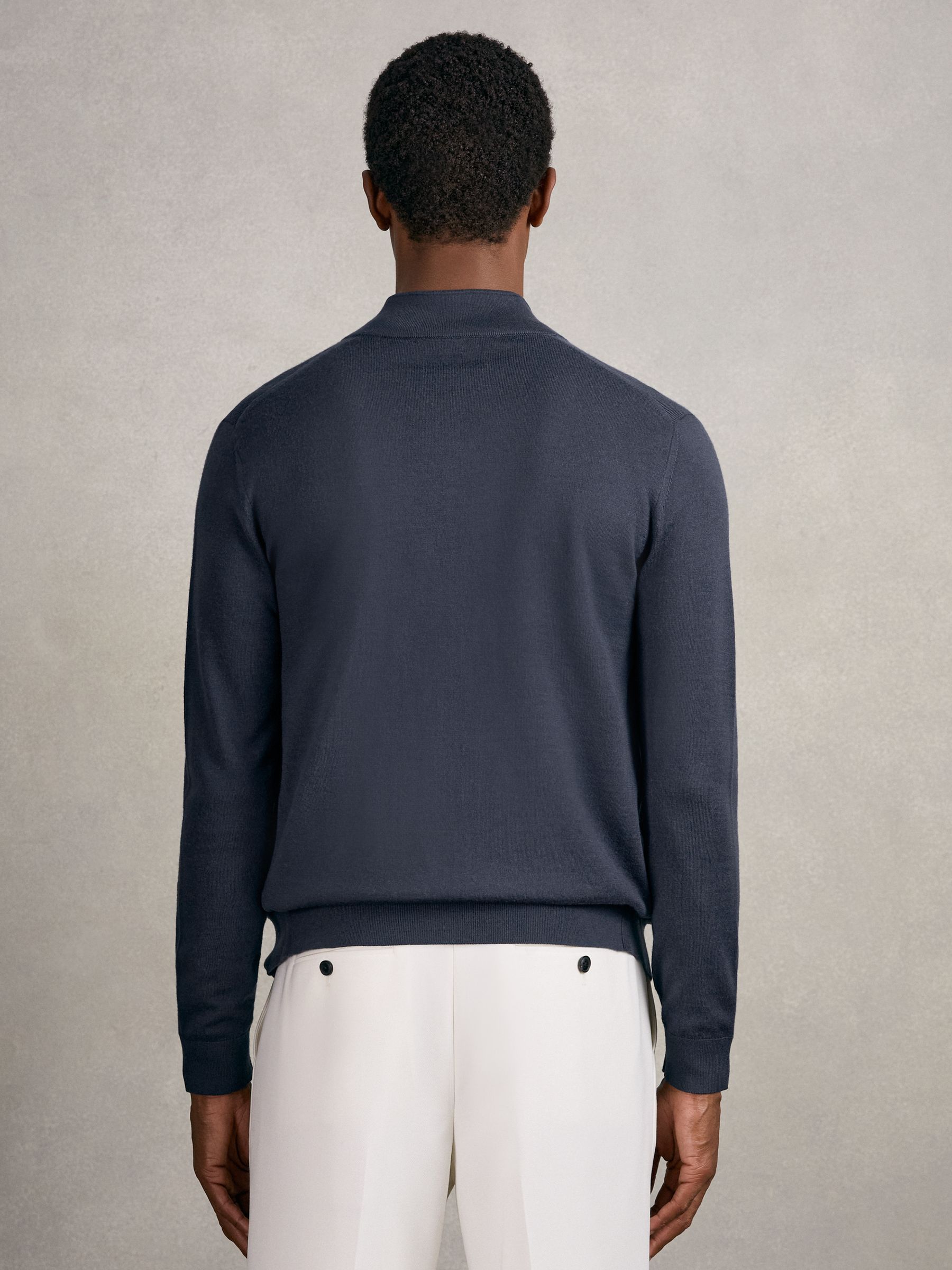 Merino Wool Zip Through Cardigan in Midnight Navy