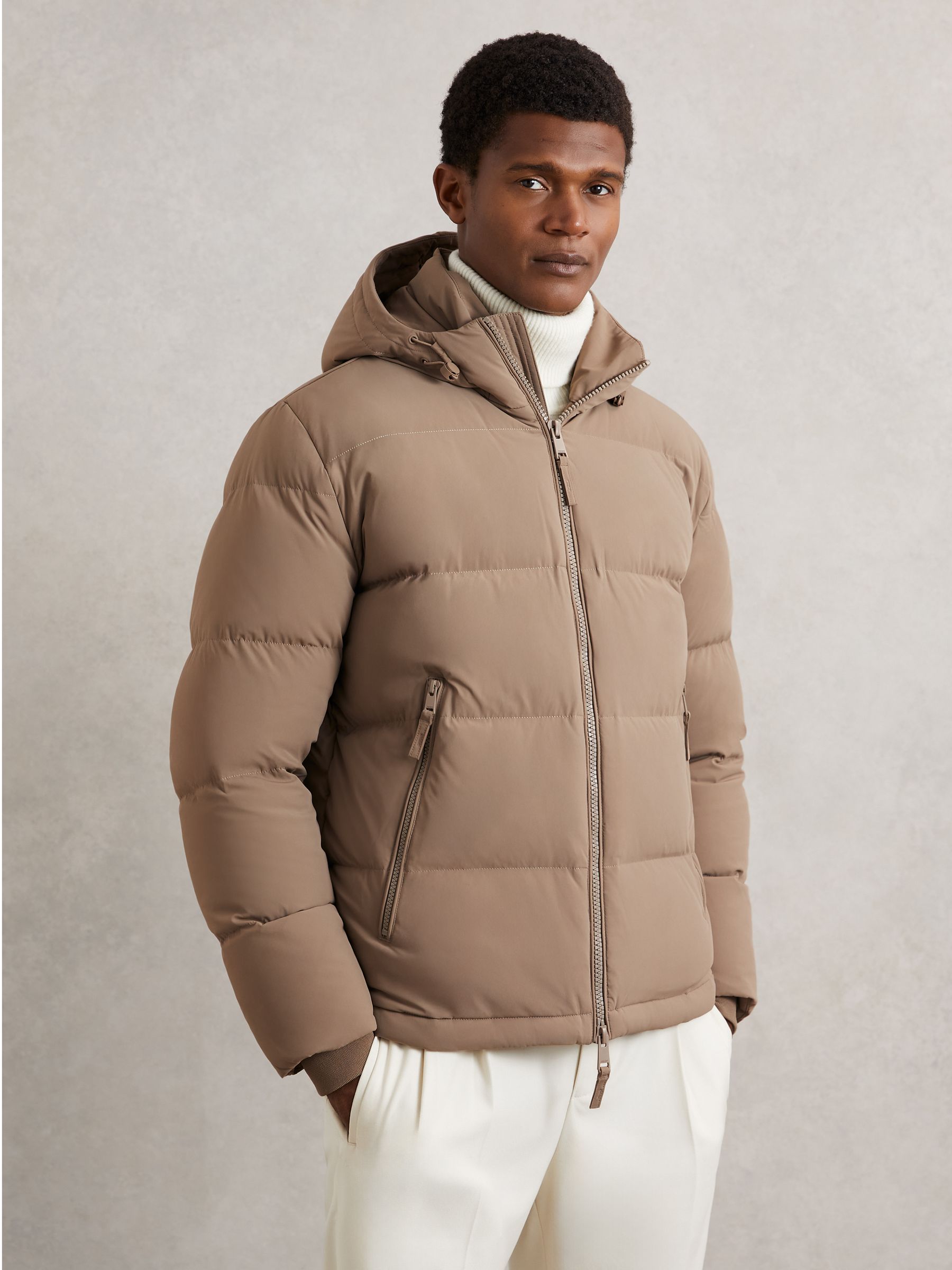 Quilted Zip-Through Puffer Jacket in Light Camel Brown