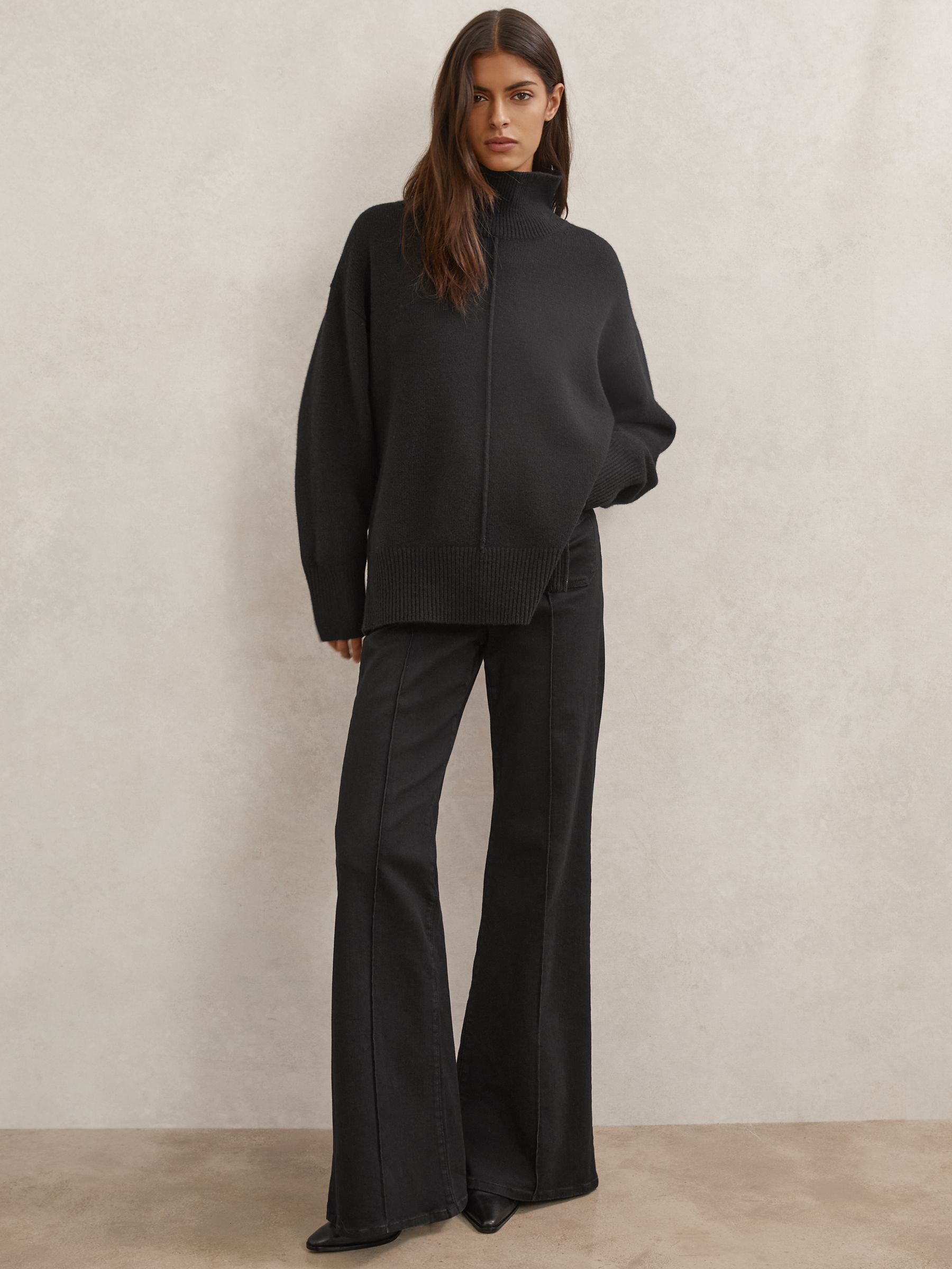 Wool Zip-Detail Funnel-Neck Jumper in Black