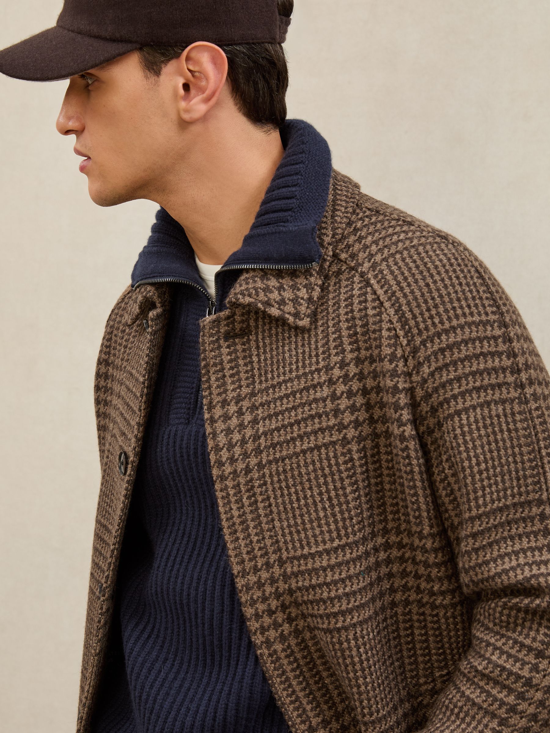 Atelier Wool Check Raglan Overcoat in Brown Check