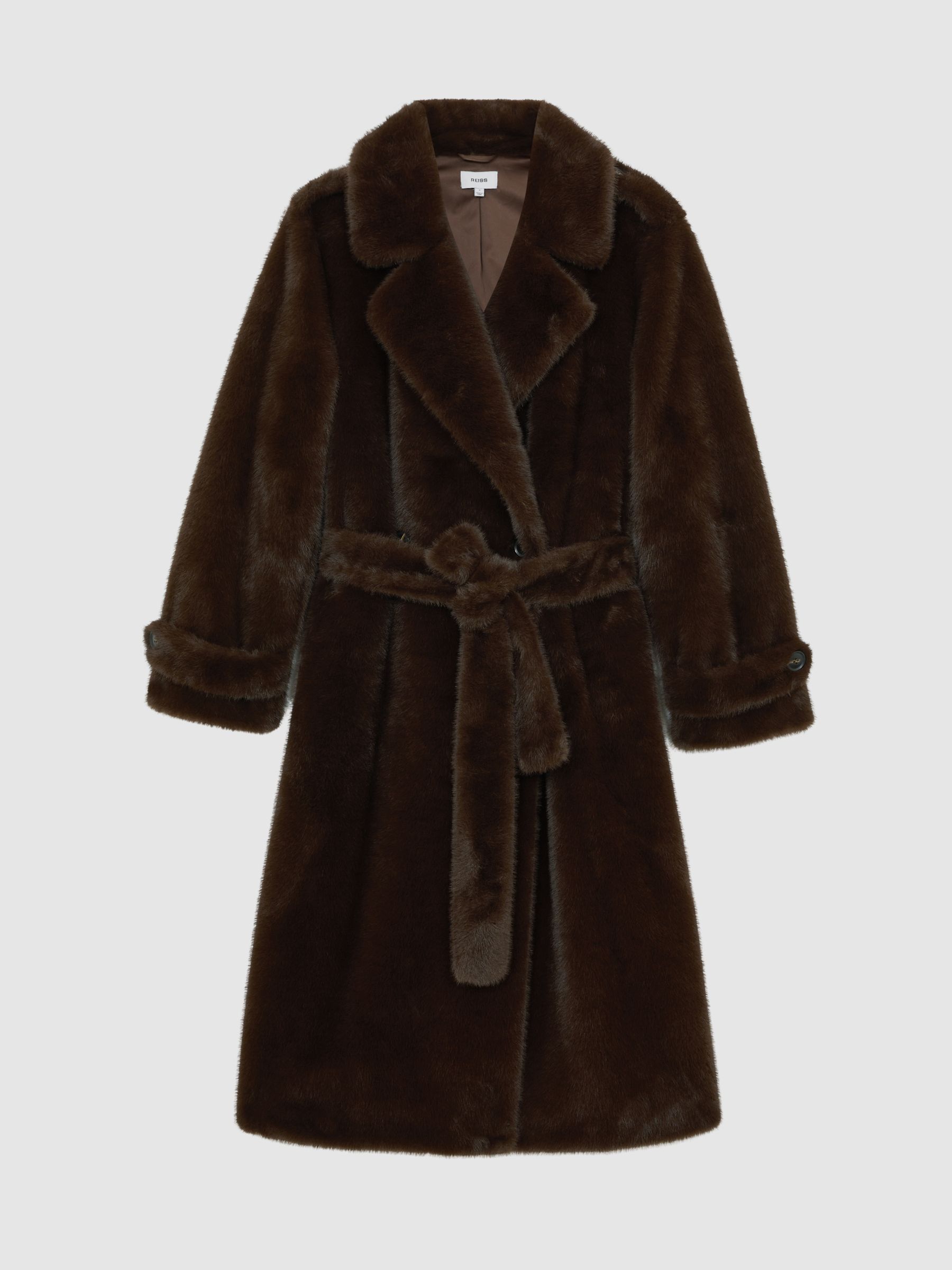 Petite Faux-Fur Long Belted Coat in Chocolate Brown
