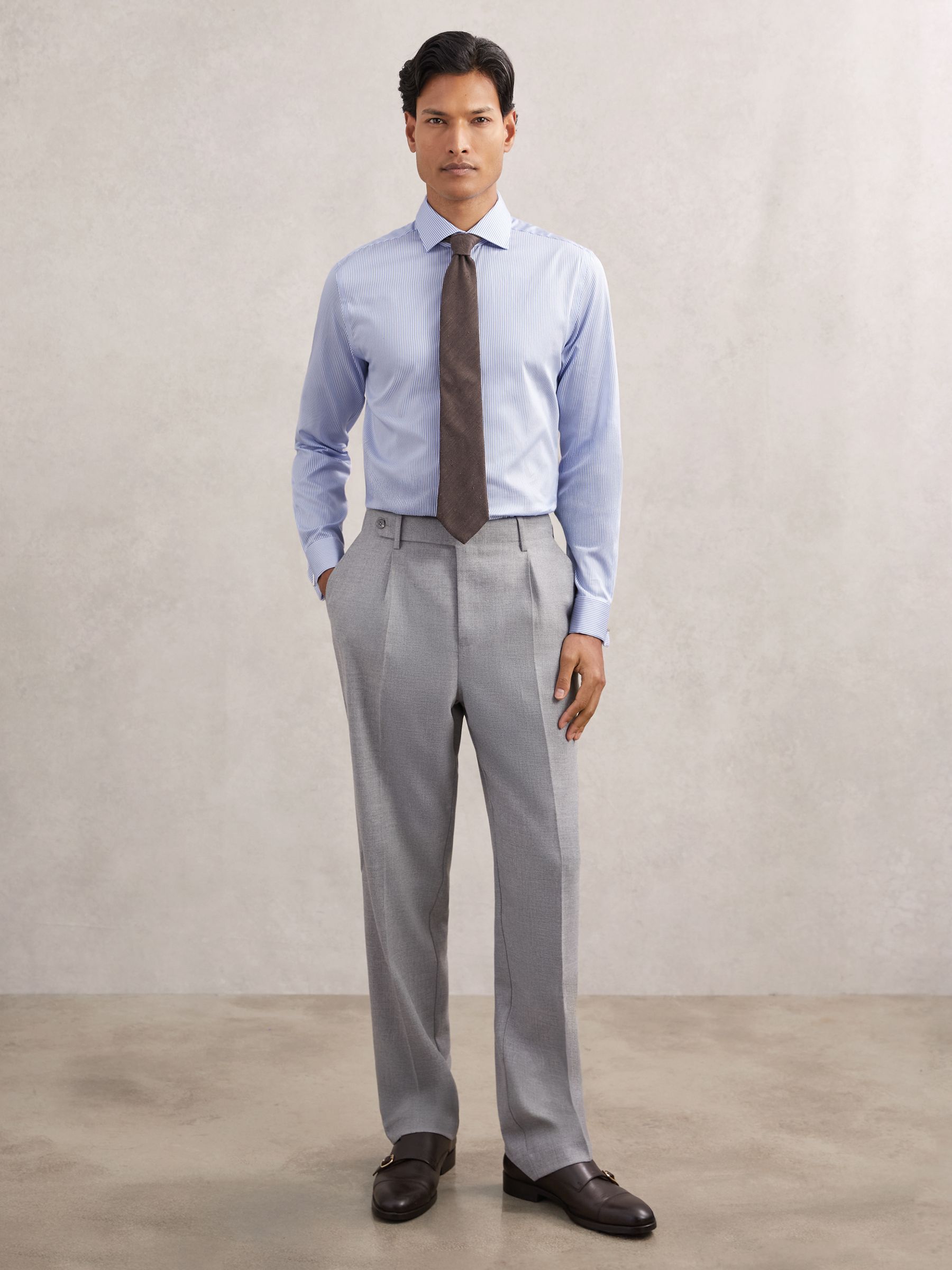 Regular Fit Cotton-Sateen Shirt in Blue Stripe