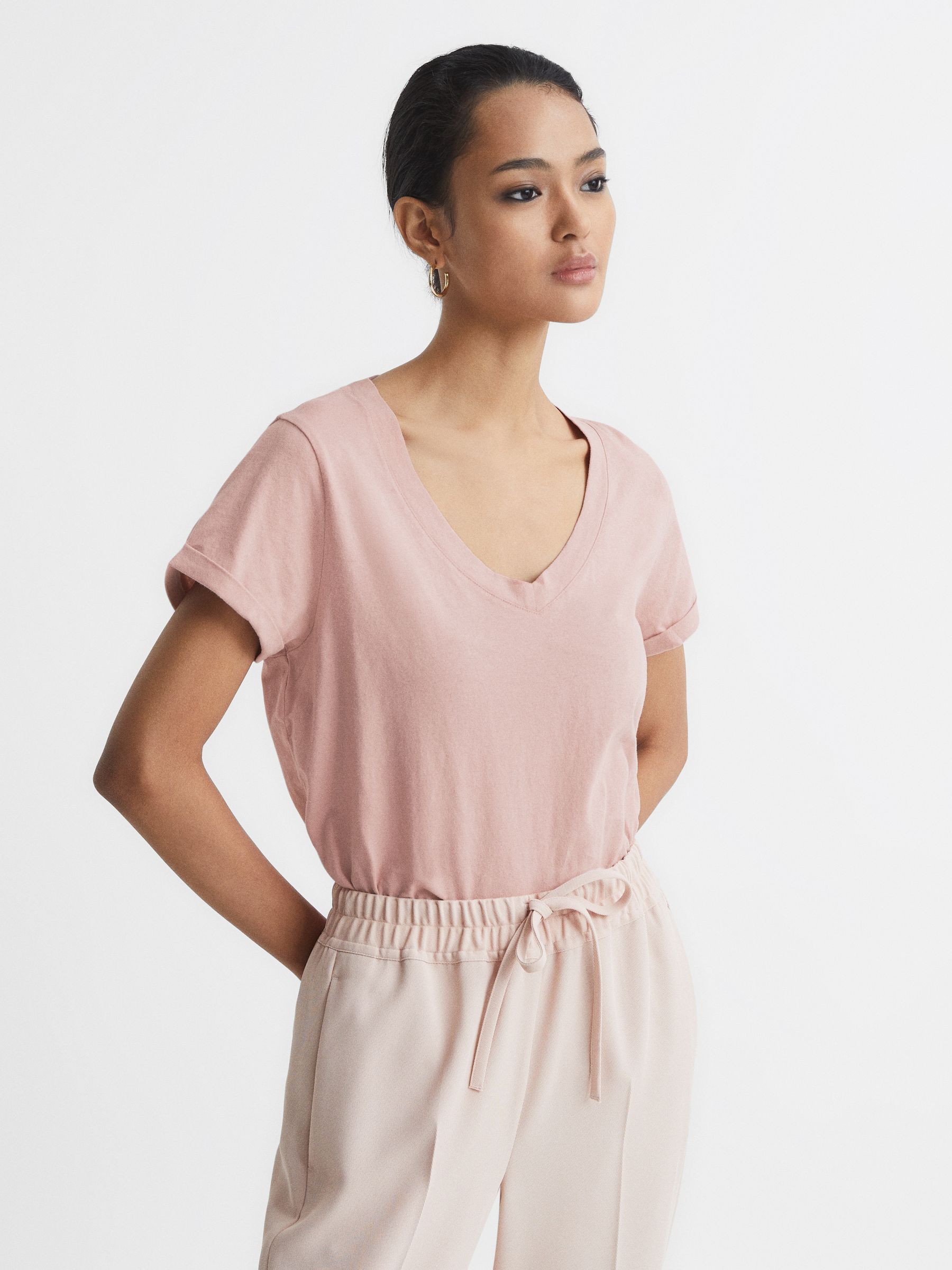 Cotton-Jersey V-Neck T-Shirt in Light Pink
