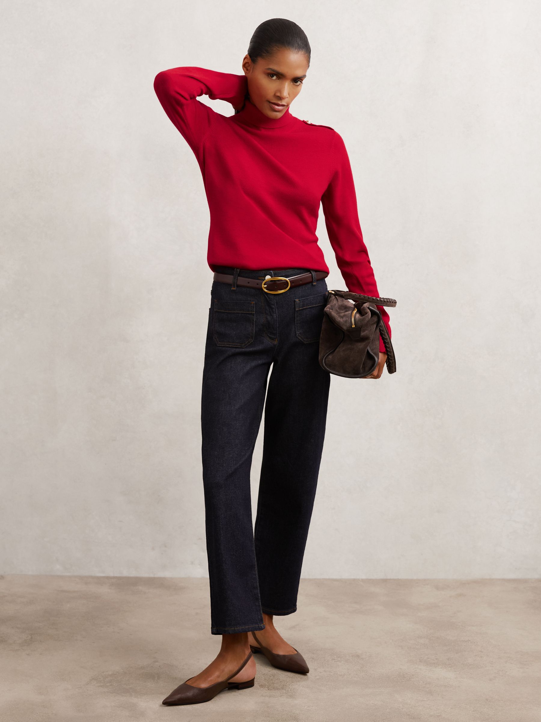 Wool Epaulette Roll-Neck Jumper in Red