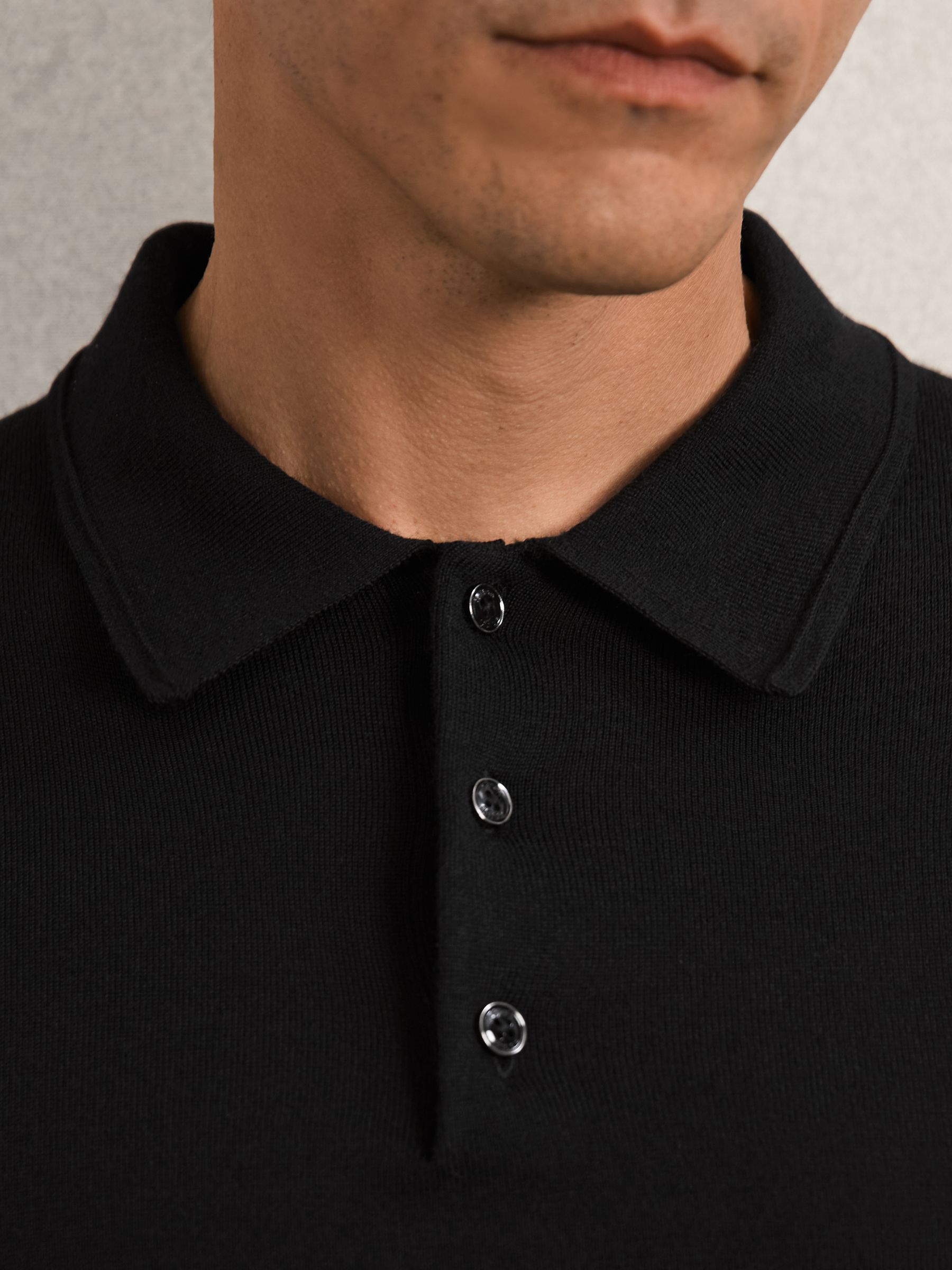 Merino Wool Long-Sleeve Polo Shirt in Black