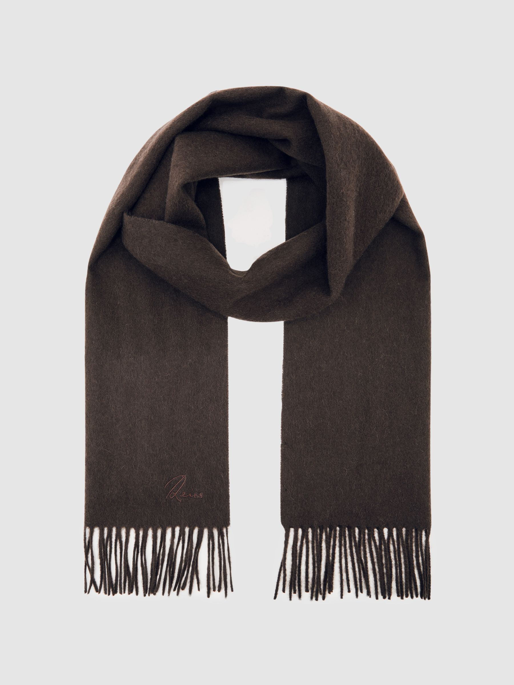 Wool-Cashmere Script-Logo Scarf in Chocolate Brown