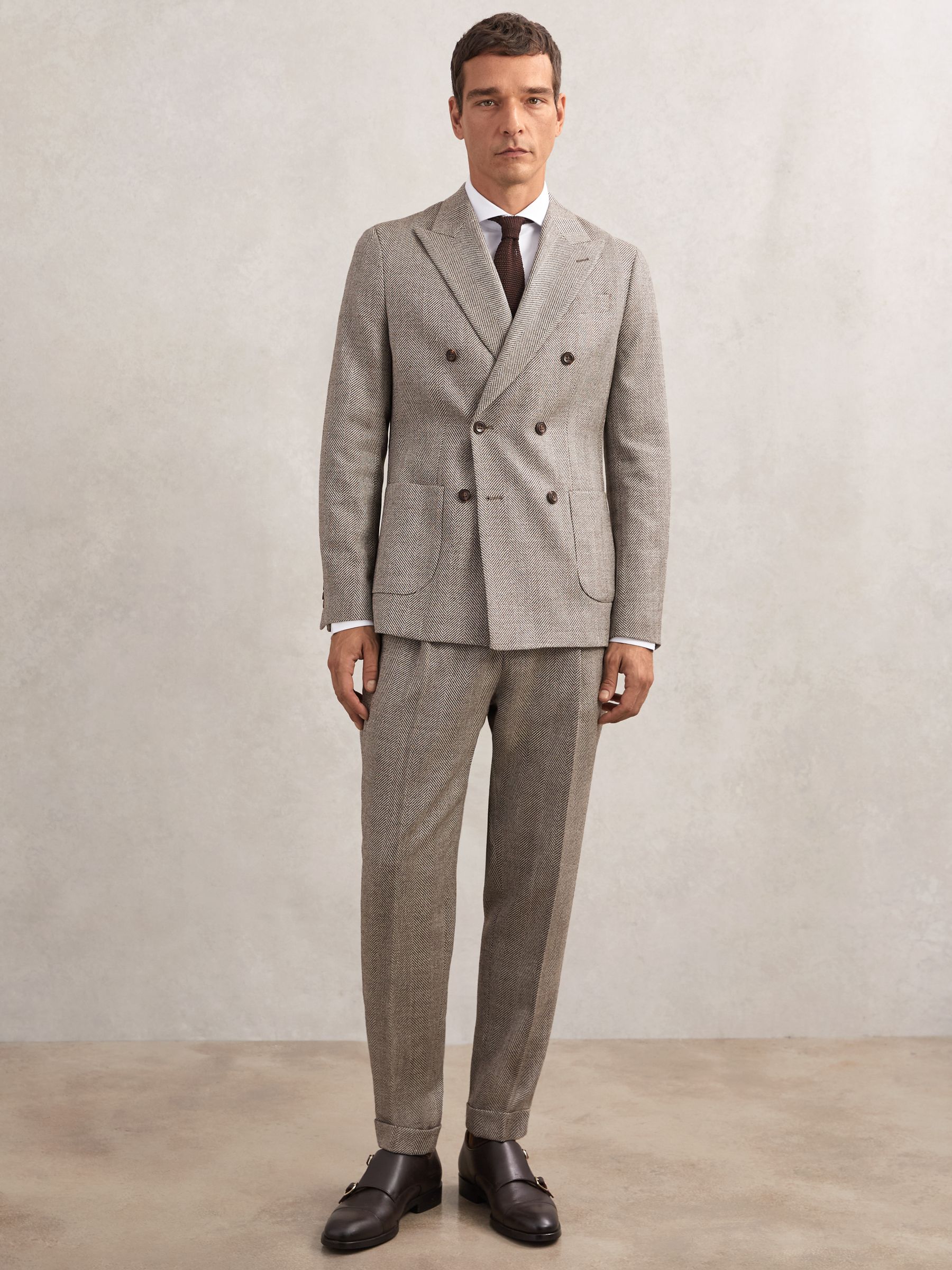 Double-Breasted Herringbone Blazer Slim-Fit Wool-Blend in Brown