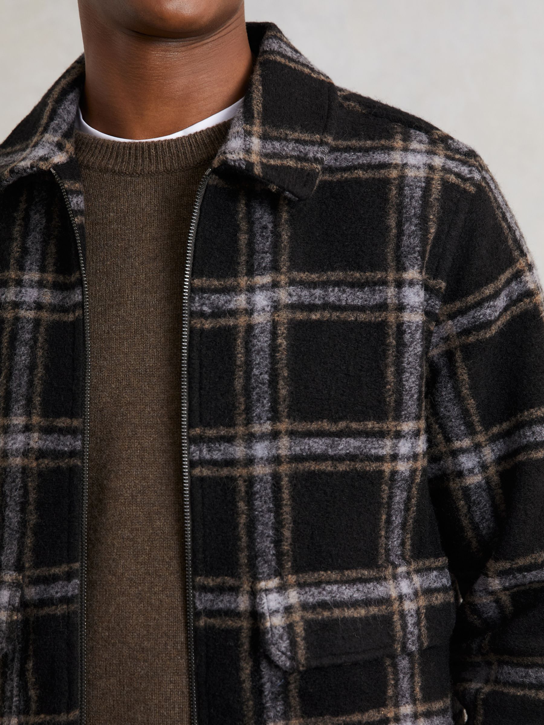 Zip-Through Check Overshirt with Wool in Navy