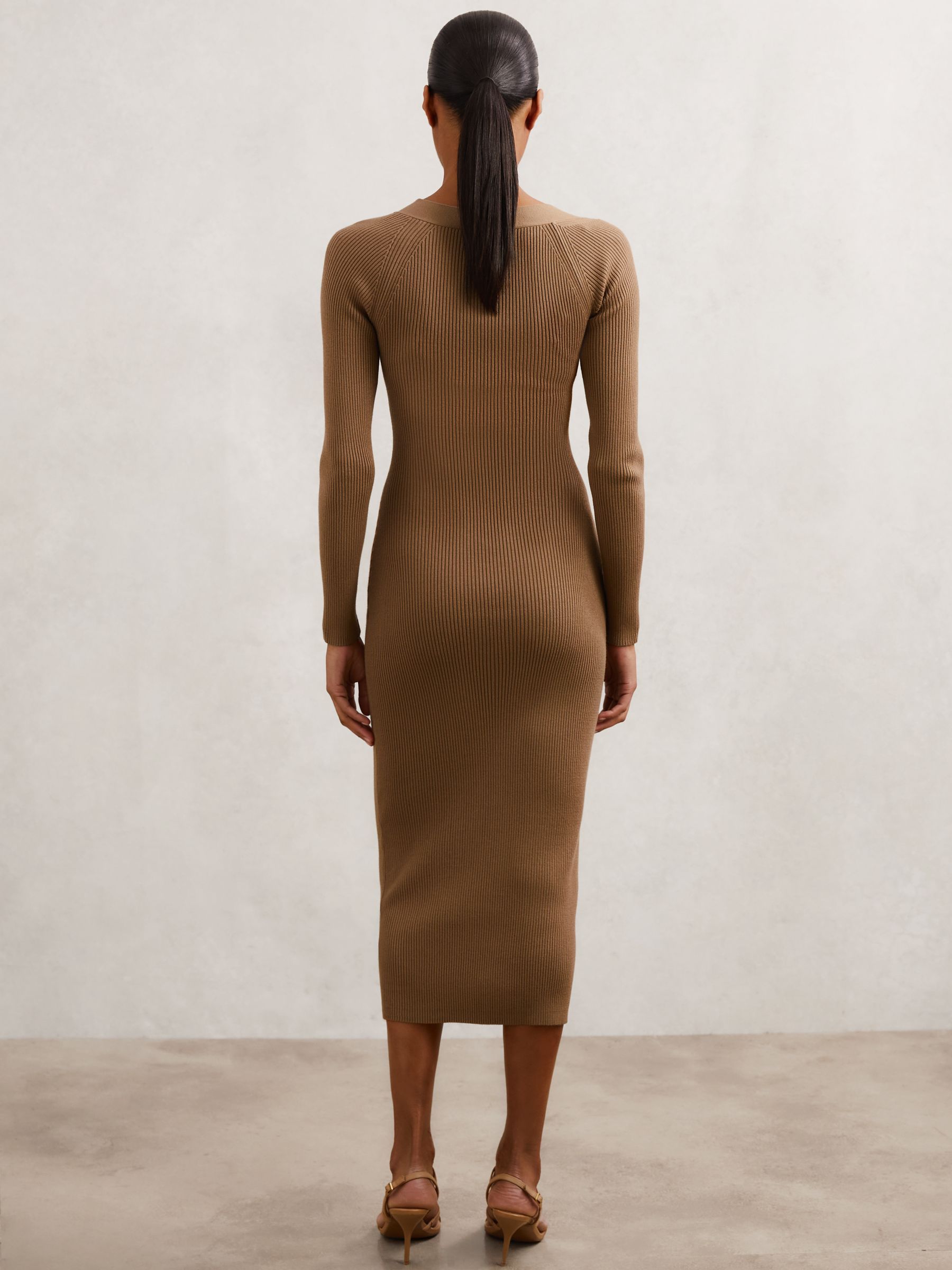 Asymmetric-Neck Rib-Knit Midi Dress in Camel