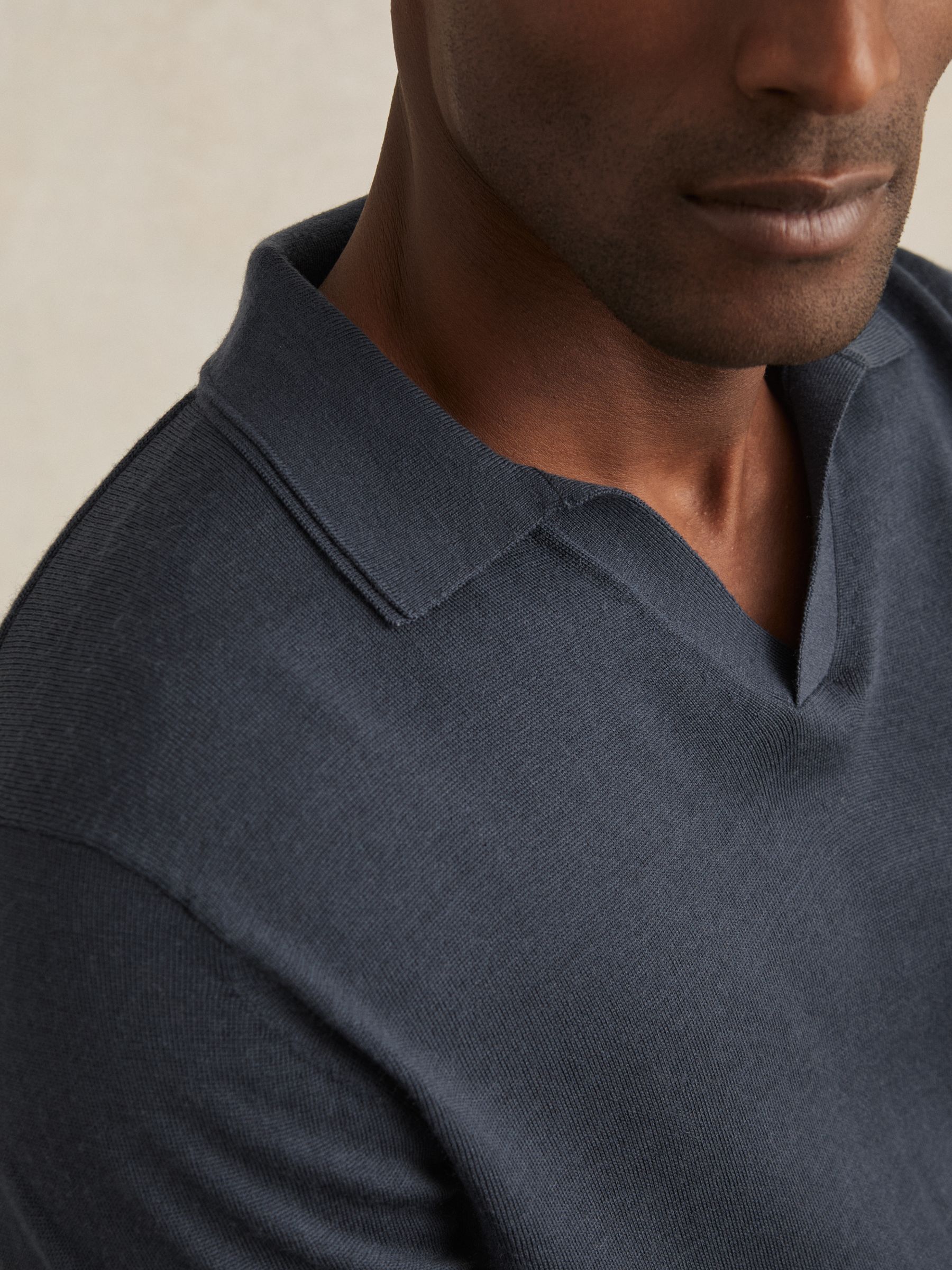 Merino Wool Open-Collar Polo Shirt in Midnight Navy