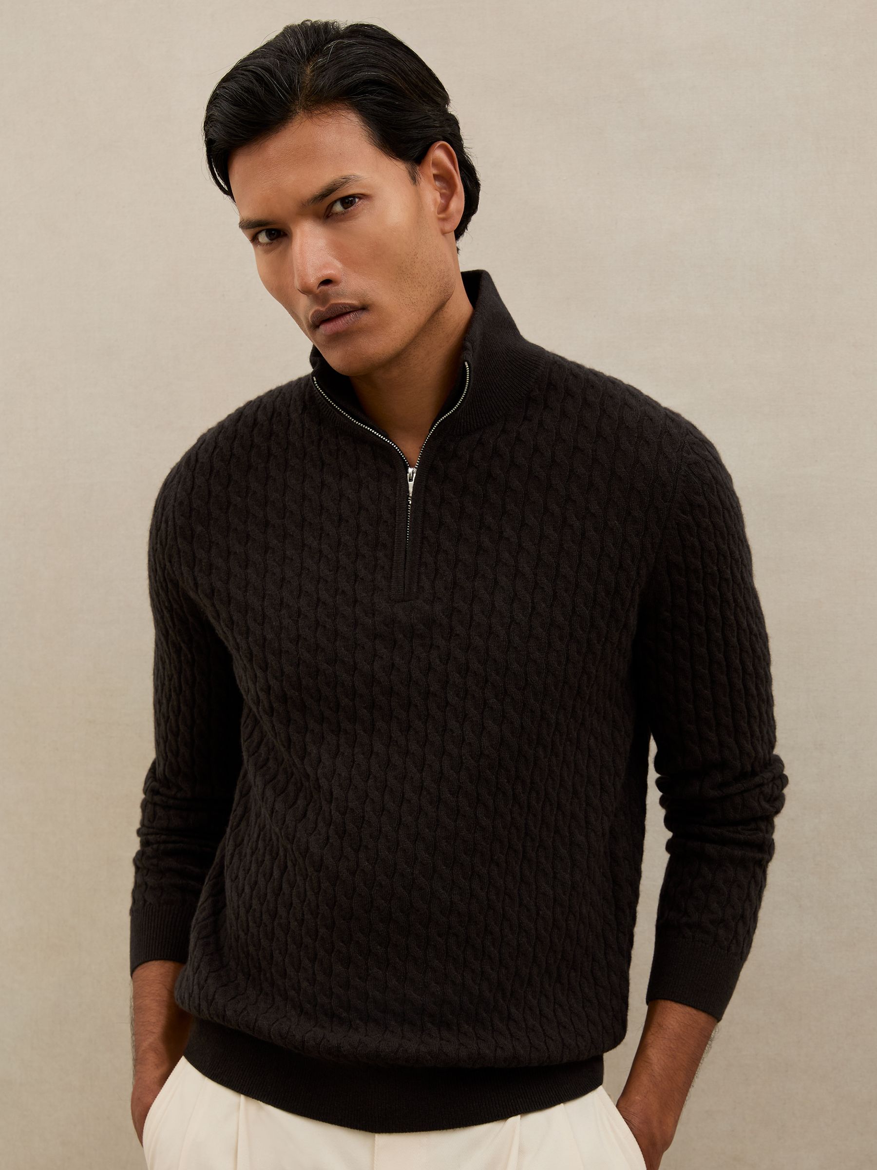 Atelier 100% Cashmere Cable Zip Jumper in Chocolate Brown