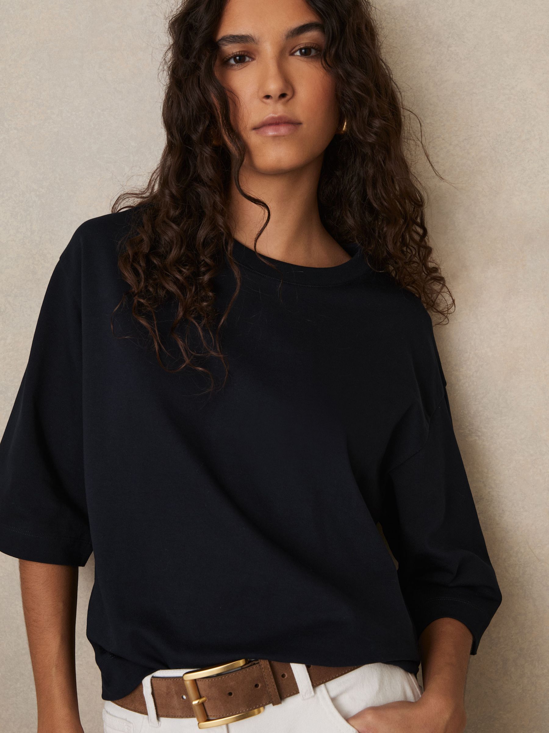 Oversized Cotton Crew Neck T-Shirt in Navy